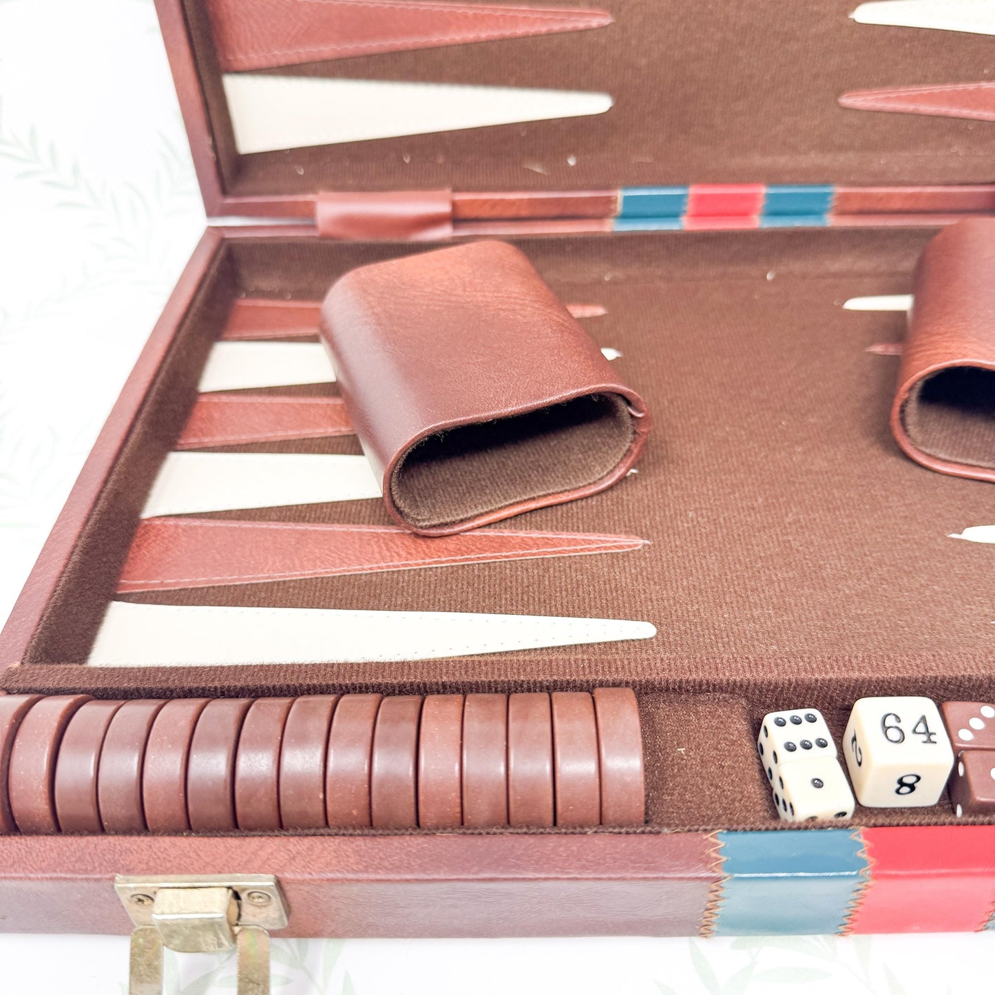 Vintage Full Size Backgammon Set, Brown Leather Case with Red and Green Stripe
