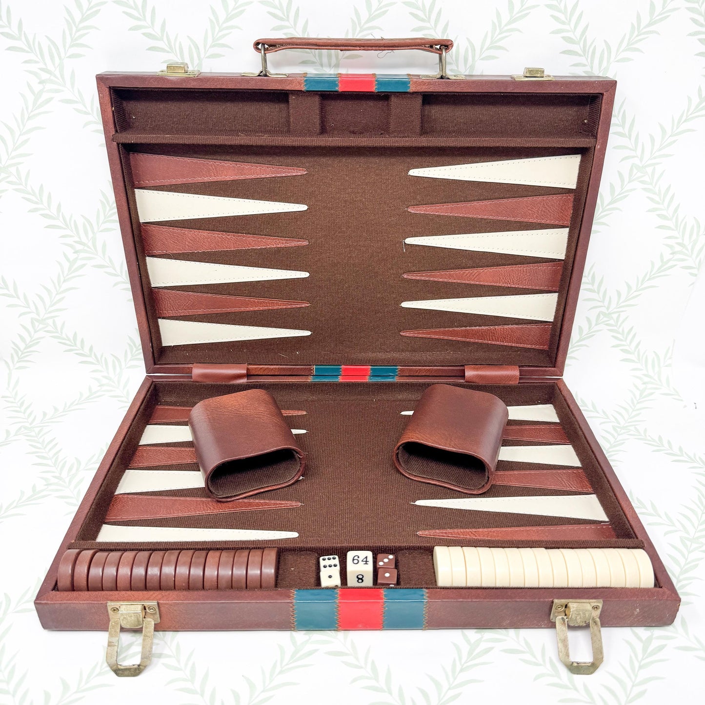 Vintage Full Size Backgammon Set, Brown Leather Case with Red and Green Stripe