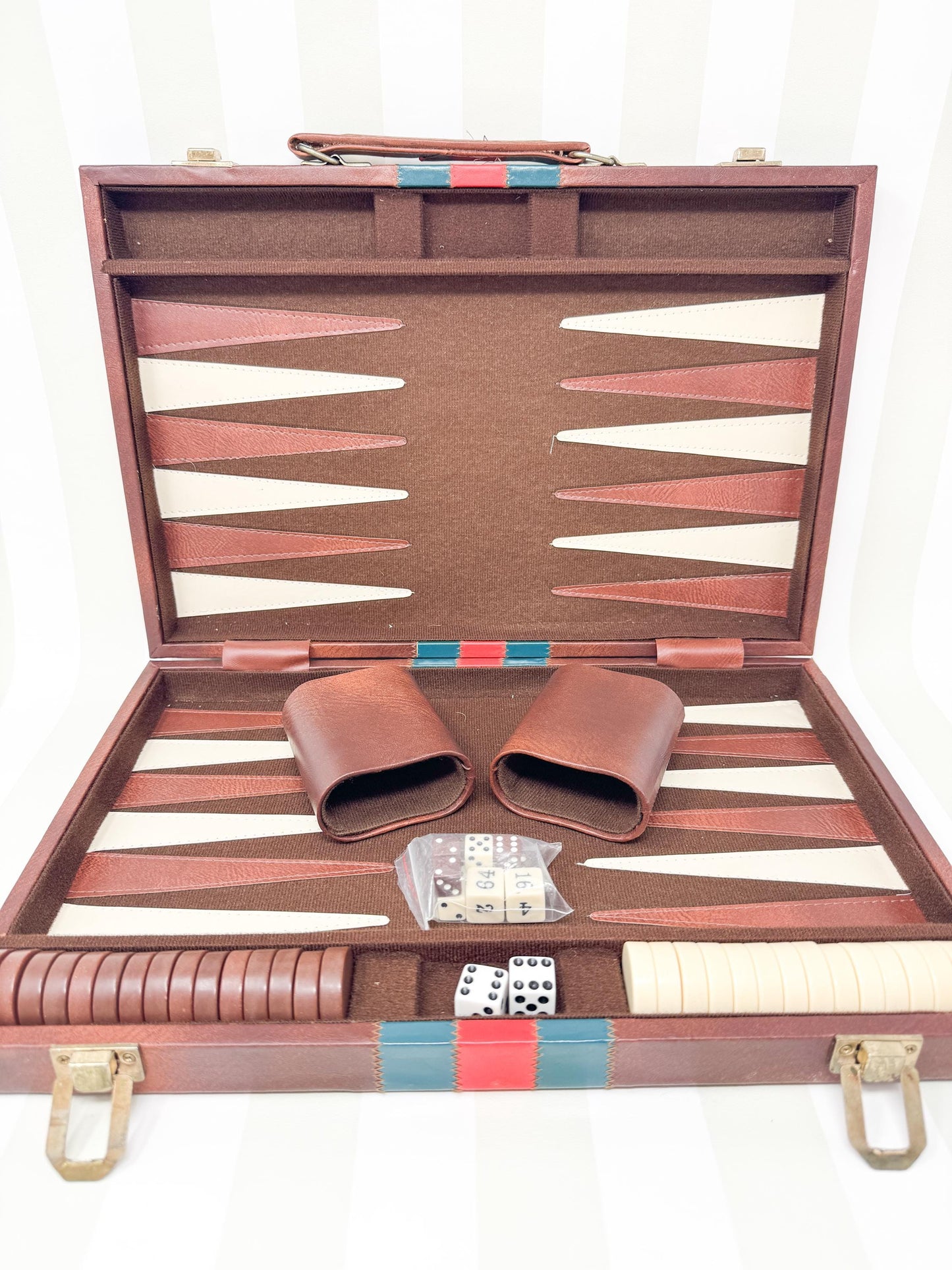 Vintage Full Size Backgammon Set, Brown Leather Case with Red and Green Stripe