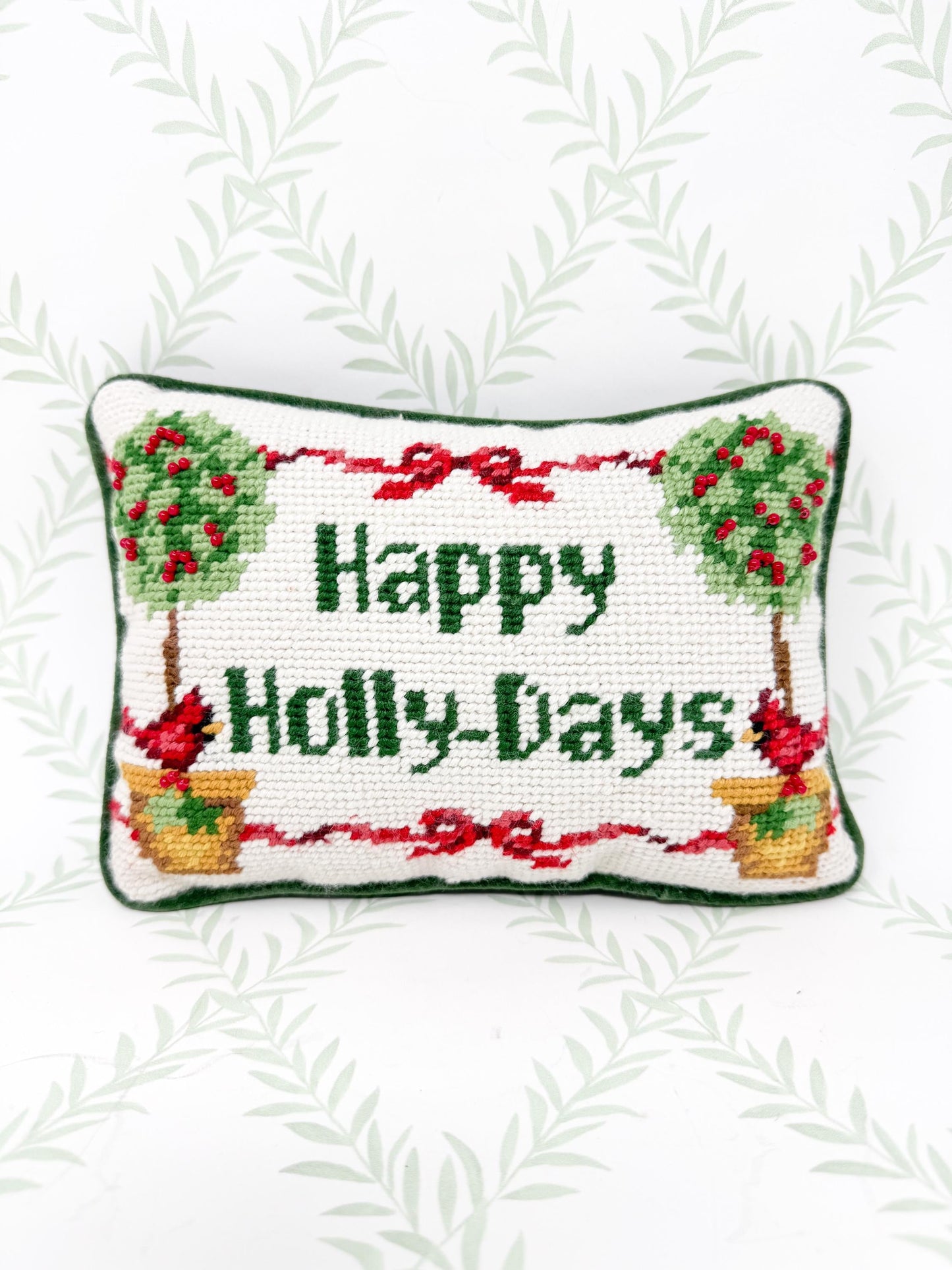 Vintage Christmas Needlepoint Pillow, Happy Holly-days