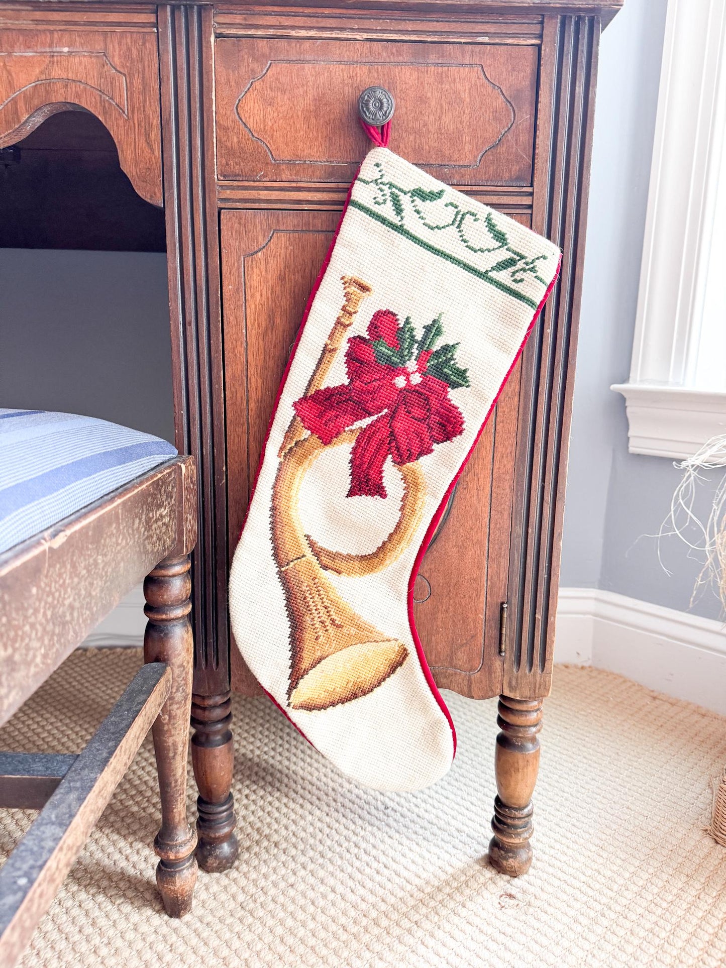 Vintage Needlepoint Christmas Stocking, French Horn