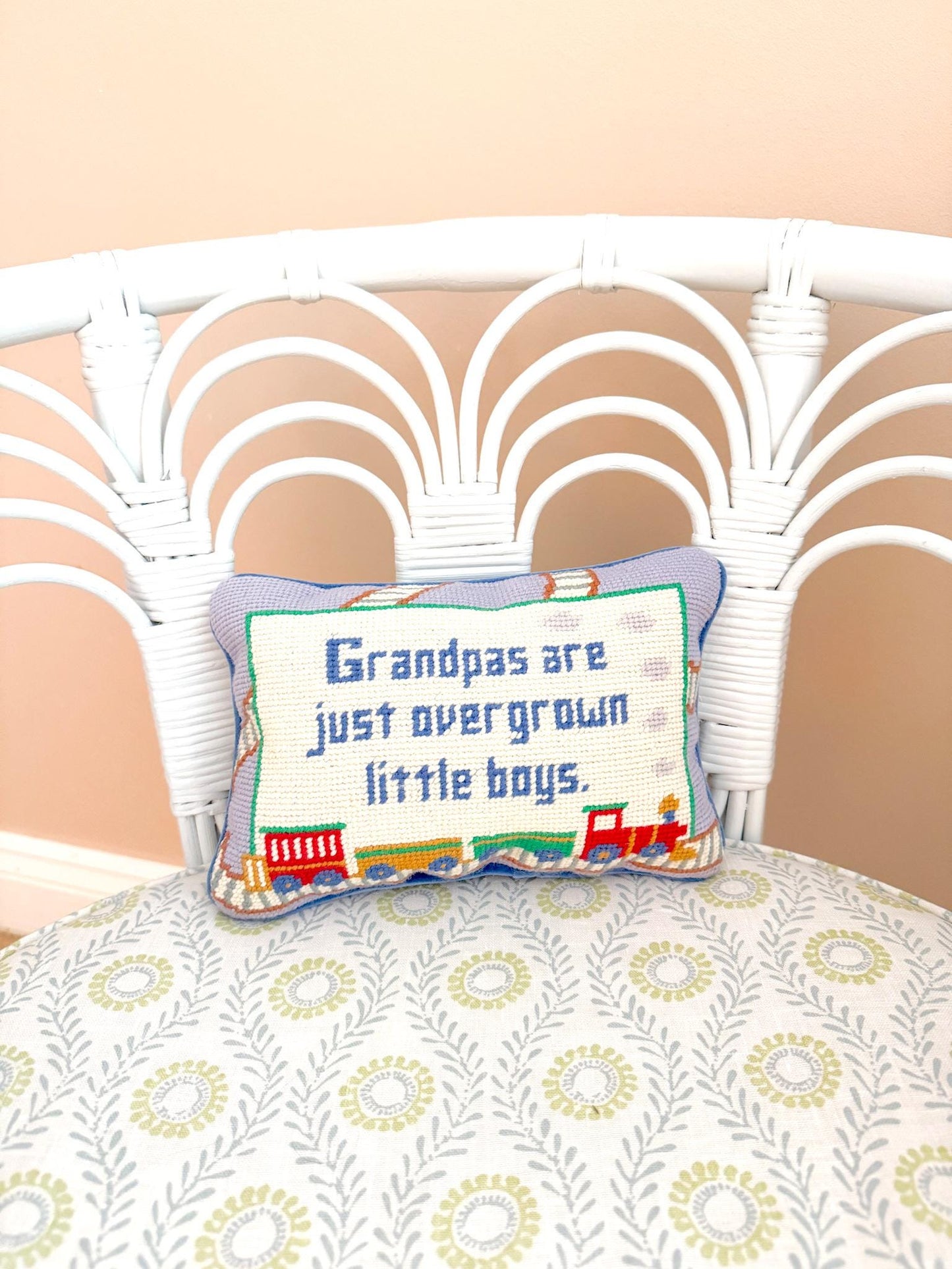 Vintage Needlepoint Pillow - Grandpas Are Just Overgrown Little Boys