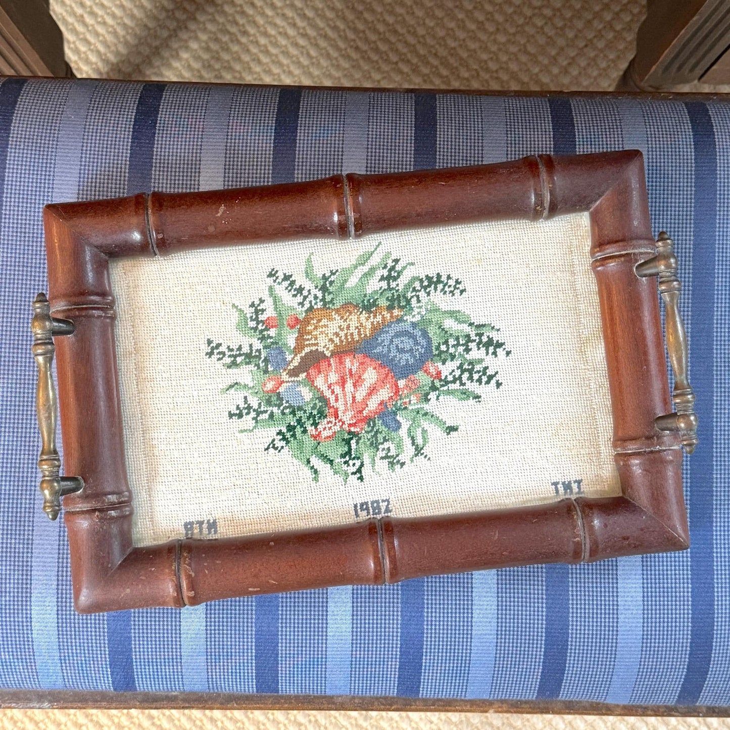Vintage Hand Stitched Needlepoint Bamboo Tray, Seashells