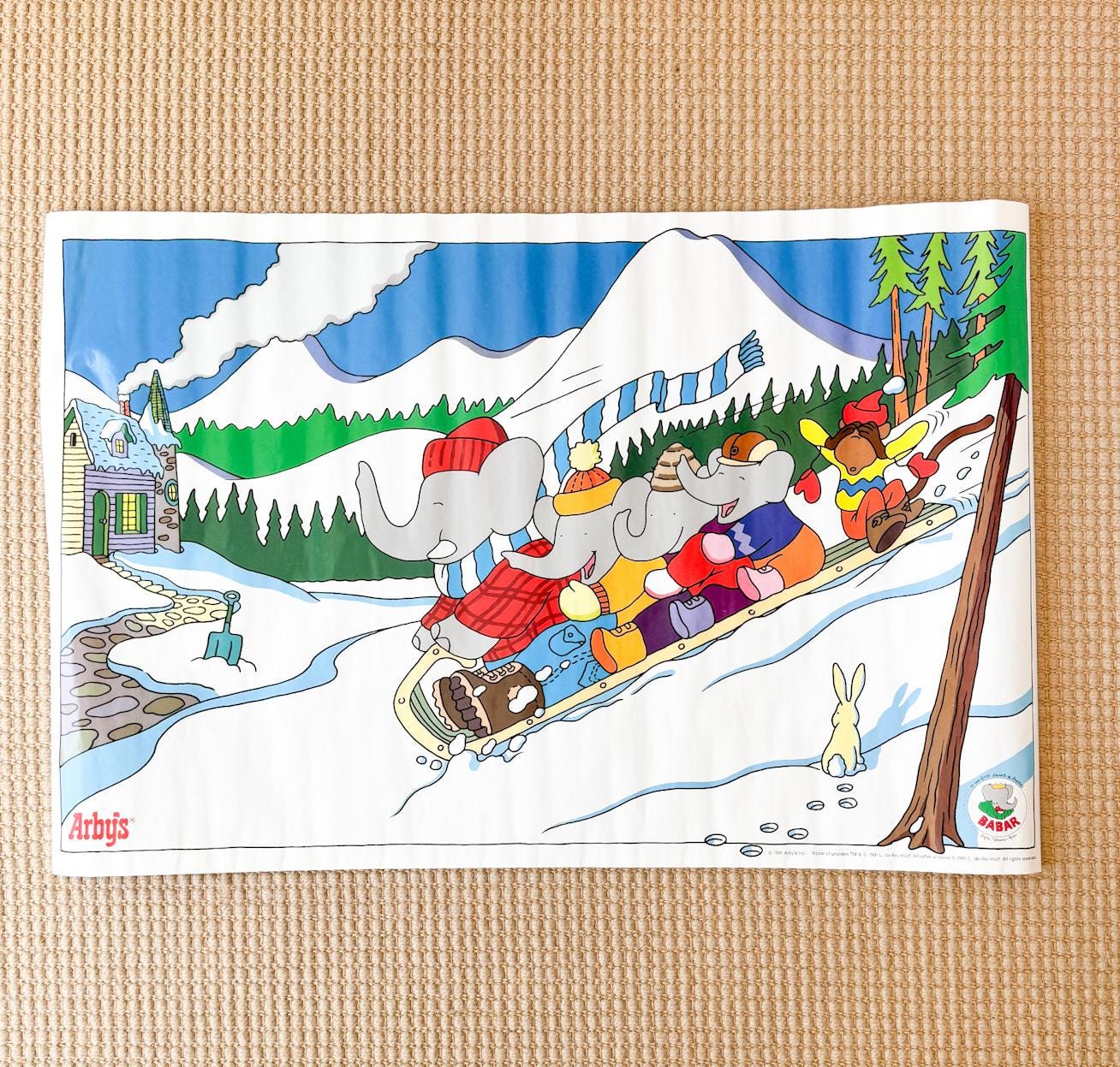 Vintage Babar Poster, Family Sledding in Snow