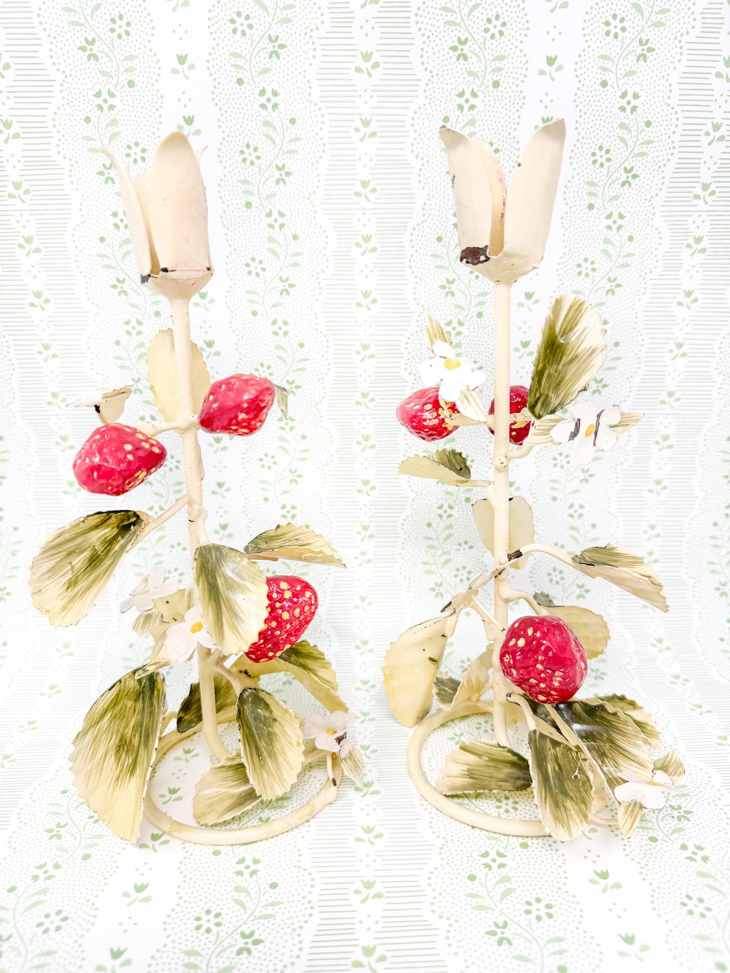 Pair of Vintage Chippy Tole Strawberry Candlestick Holders