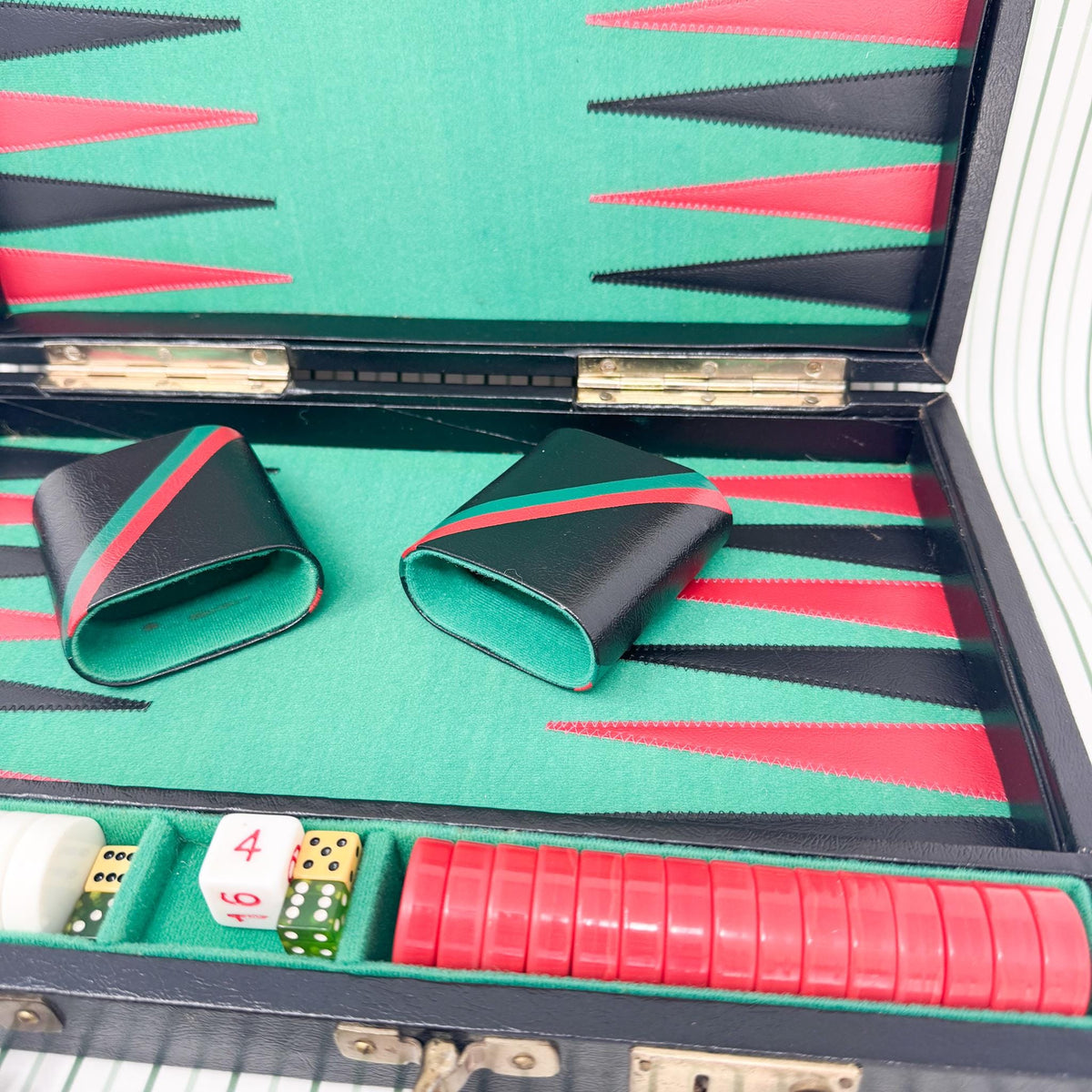 Vintage Backgammon Set, Black Leather Case with Red and Green Stripe
