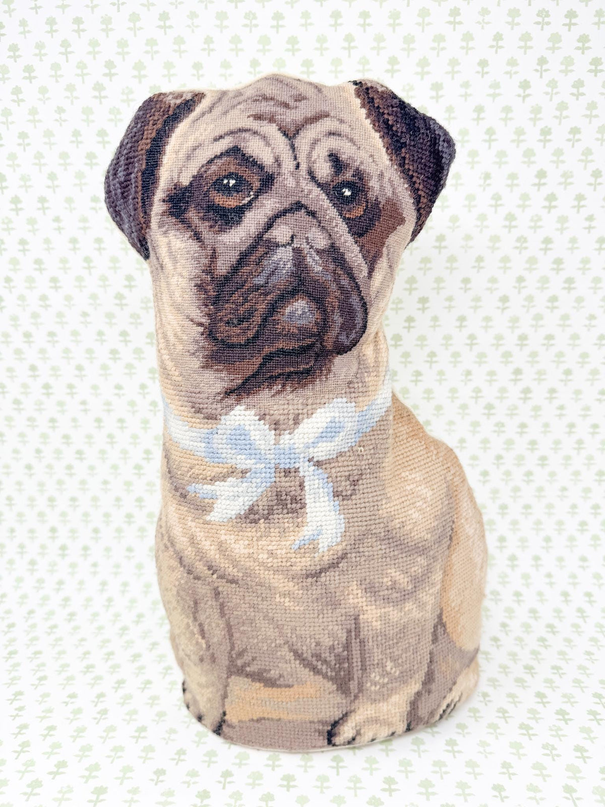 Vintage Needlepoint Standing Pillow, Pug