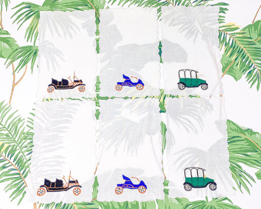 Set of 6 Embroidered Classic Car Madeira Cocktail Napkins