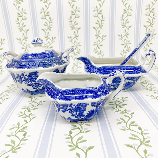 Antique Blue Willow Transferware Tea Serving Pieces - Set of 3