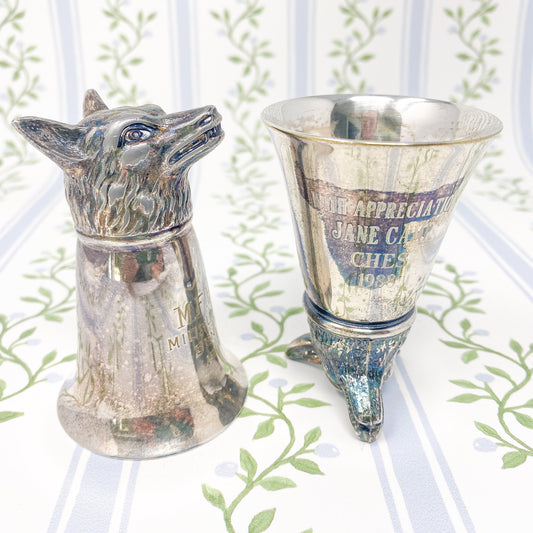 Pair of Vintage Engraved Silverplate Fox Stirrup Cups