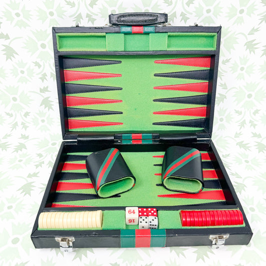 Vintage Travel Backgammon Set - Black Leather Case with Red and Green Stripe