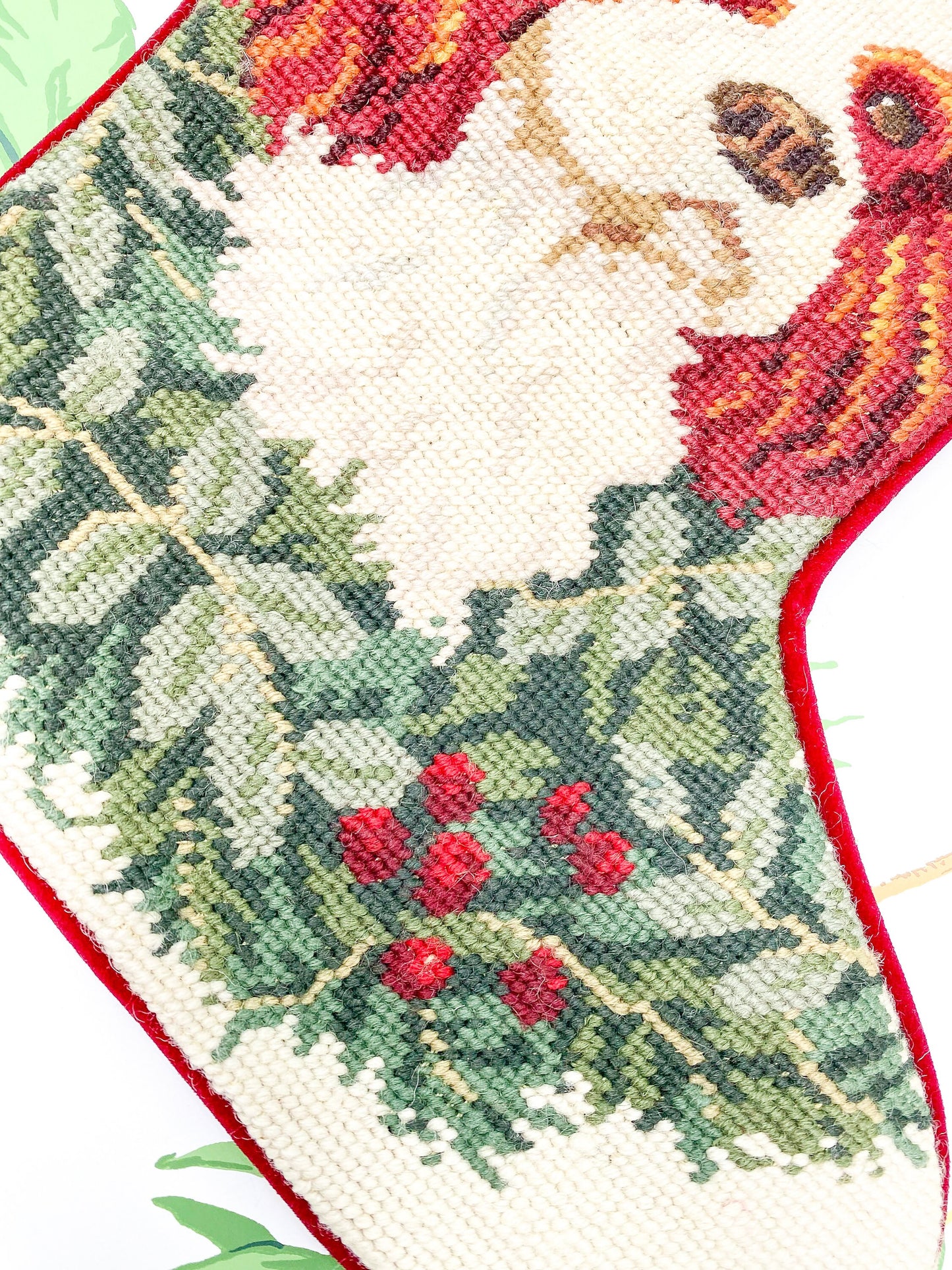 King Charles Cavalier Spaniel Vintage Needlepoint Christmas Stocking, Wreath and Bow