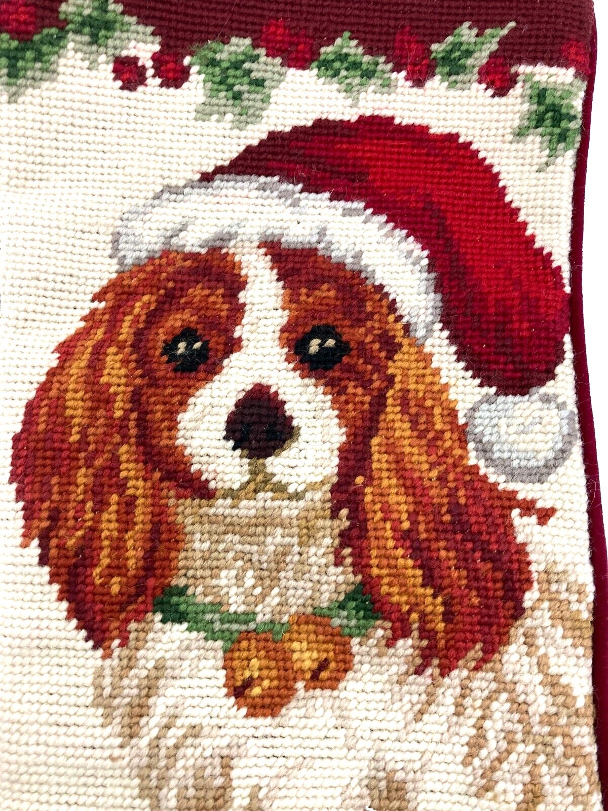 Vintage Needlepoint Dog Christmas Stocking, King Charles Cavalier Spaniel