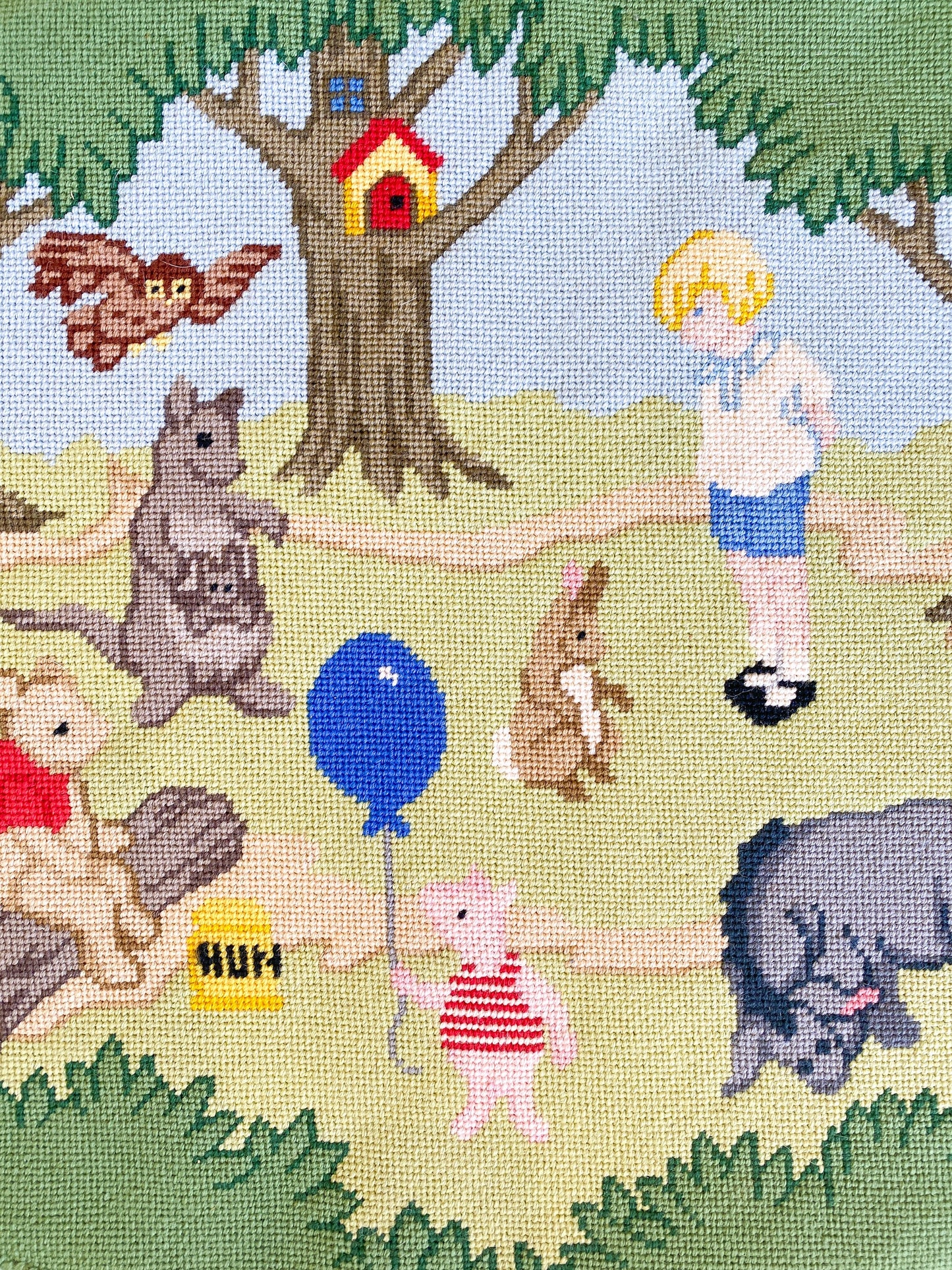 Vintage Handmade Winnie the Pooh Needlepoint Rug Wall Hanging