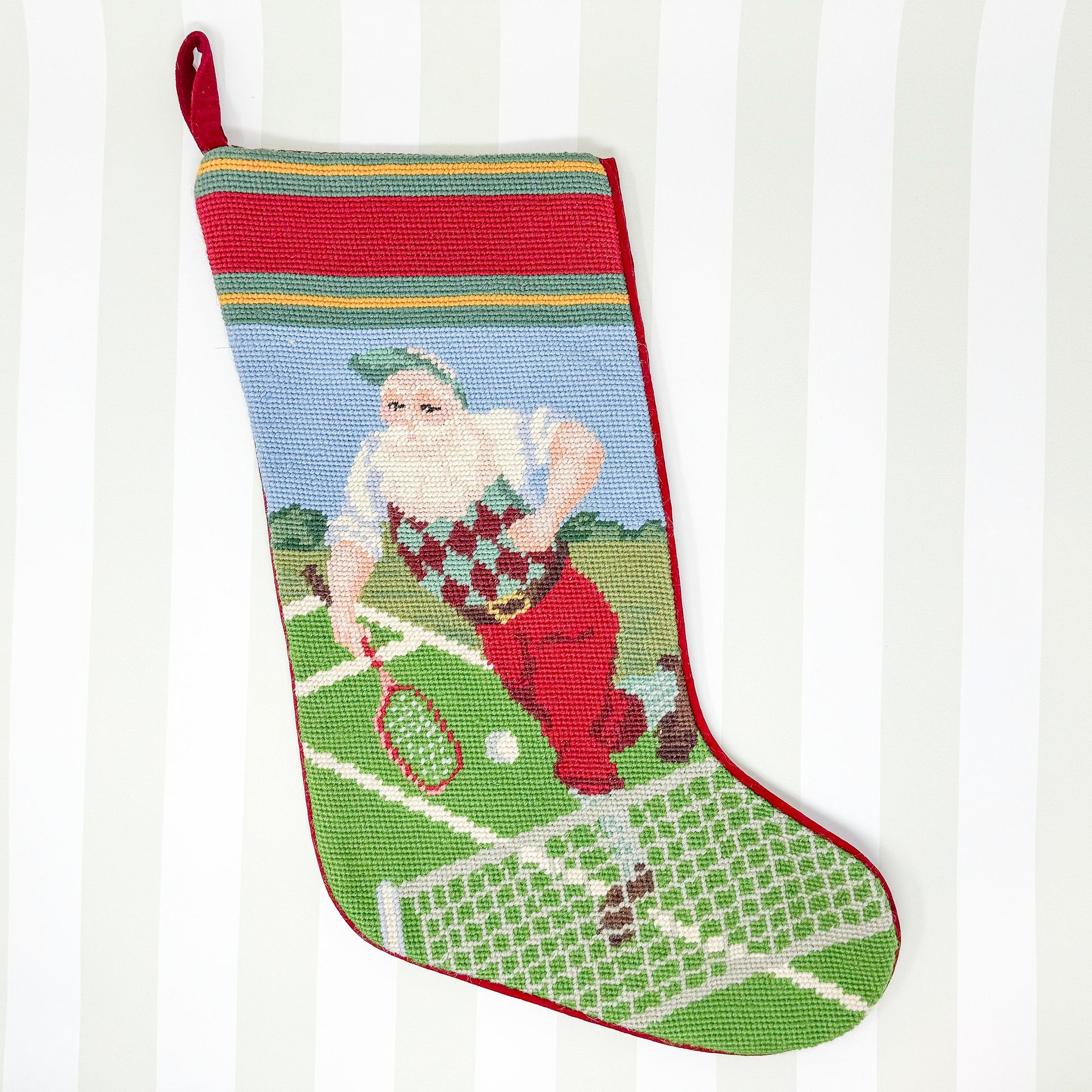 Vintage Needlepoint Santa Tennis Christmas Stocking