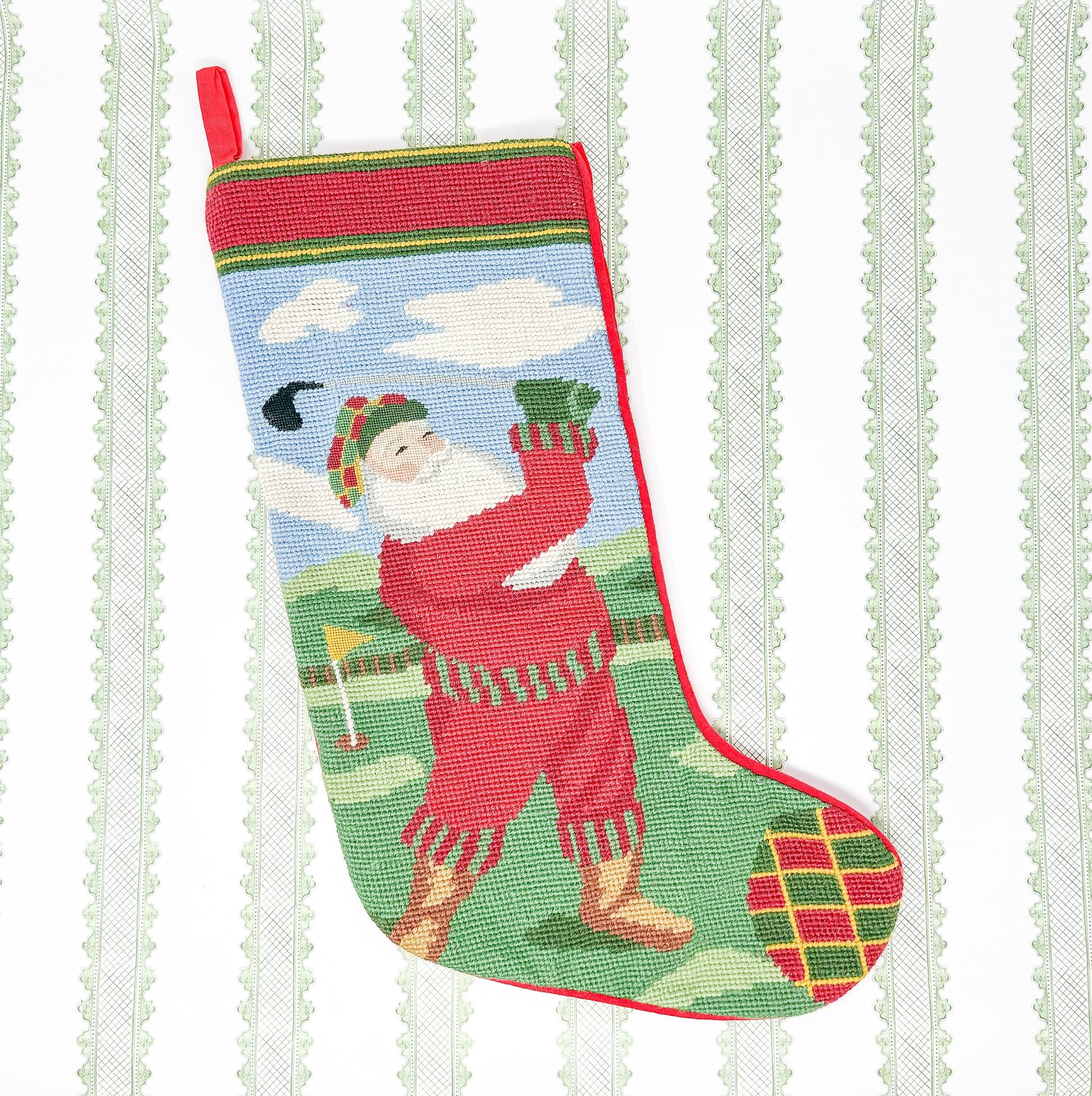 Vintage Needlepoint Christmas Stocking, Santa Golf