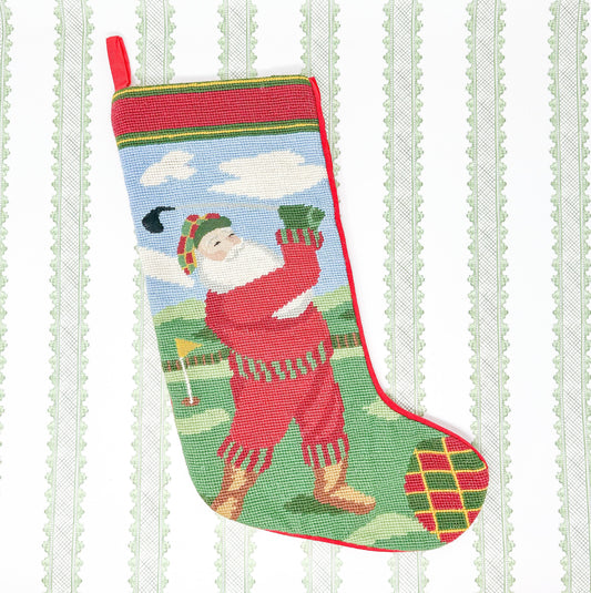 Vintage Needlepoint Christmas Stocking, Santa Golf
