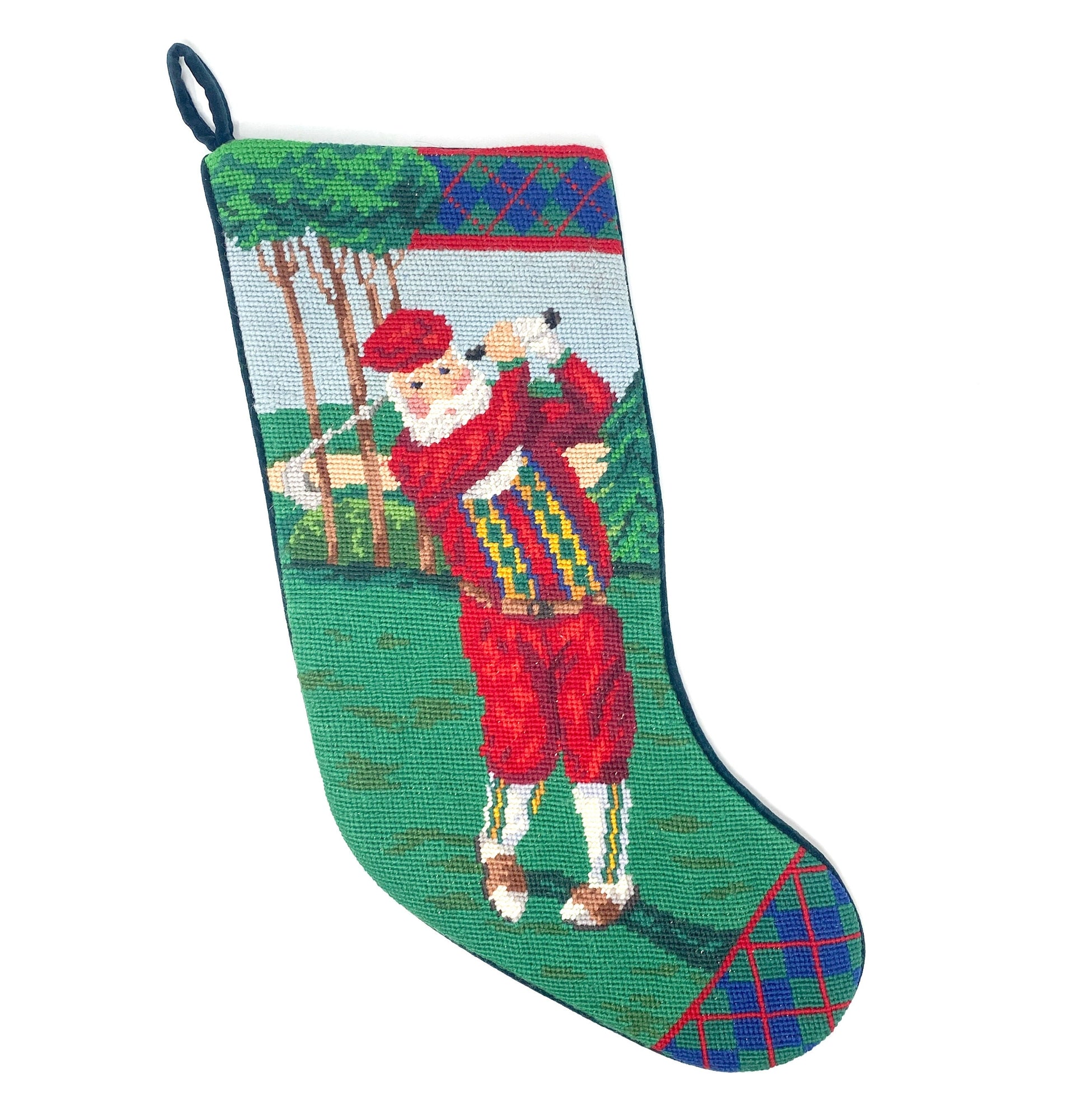 Vintage Needlepoint Christmas Stocking, Santa Golf