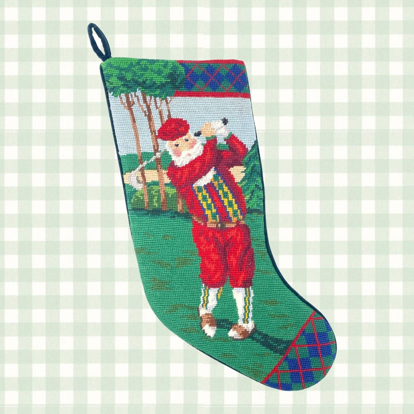 Vintage Needlepoint Christmas Stocking, Santa Golf