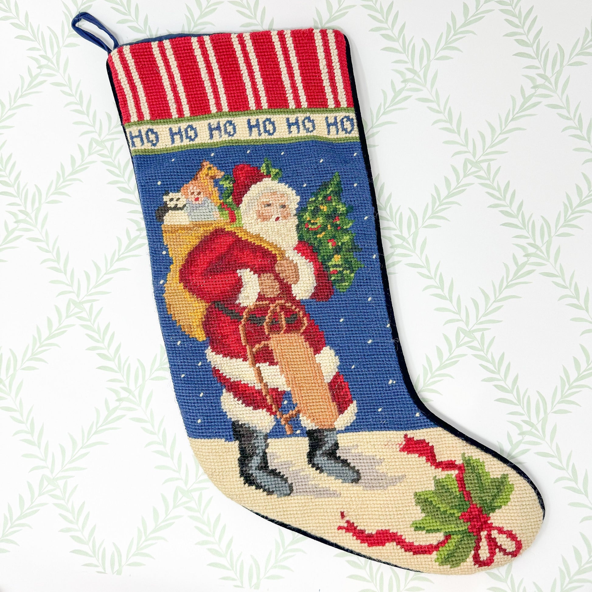 Vintage Needlepoint Christmas Stocking, Santa Claus