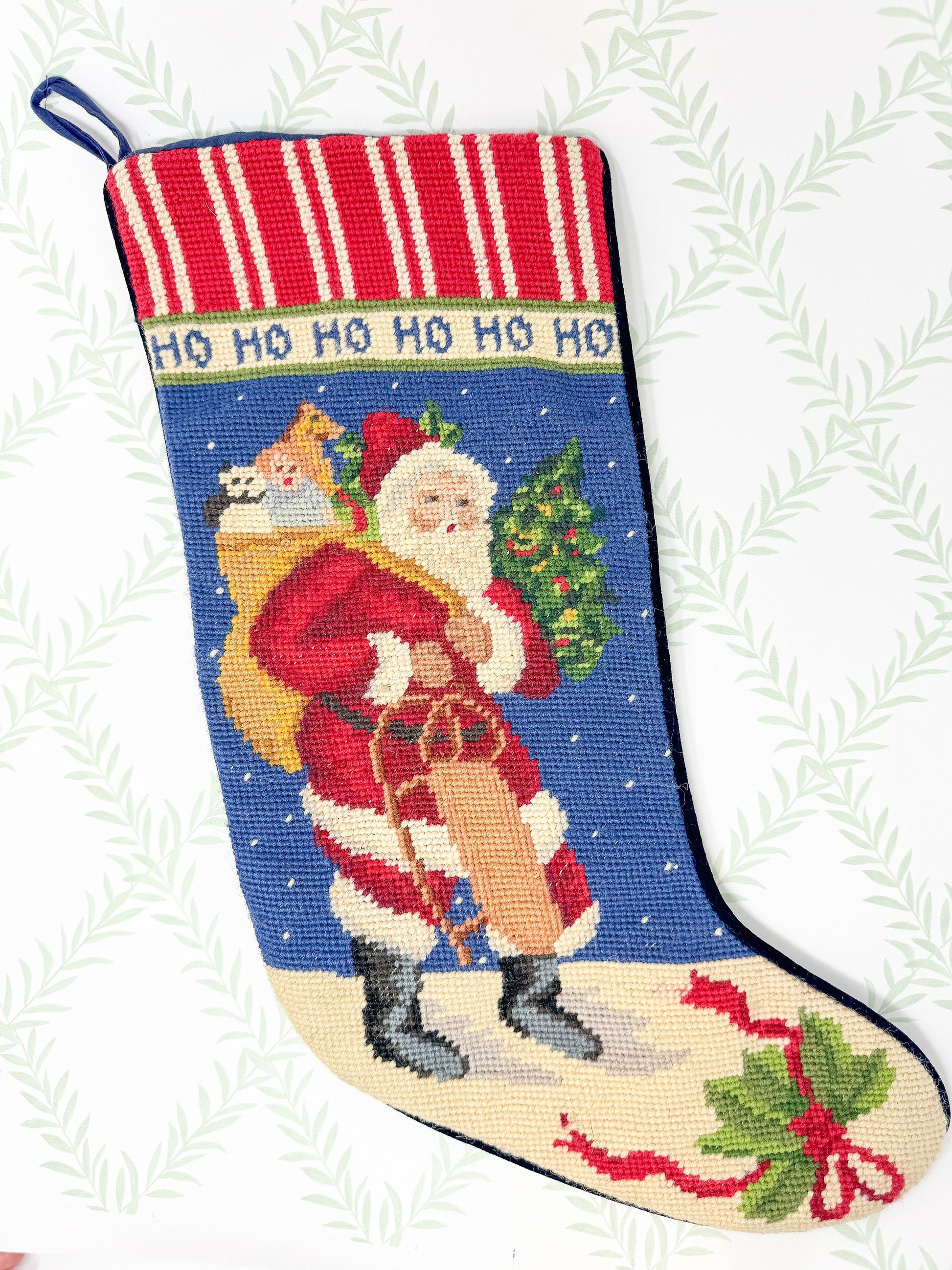 Vintage Needlepoint Christmas Stocking, Santa Claus