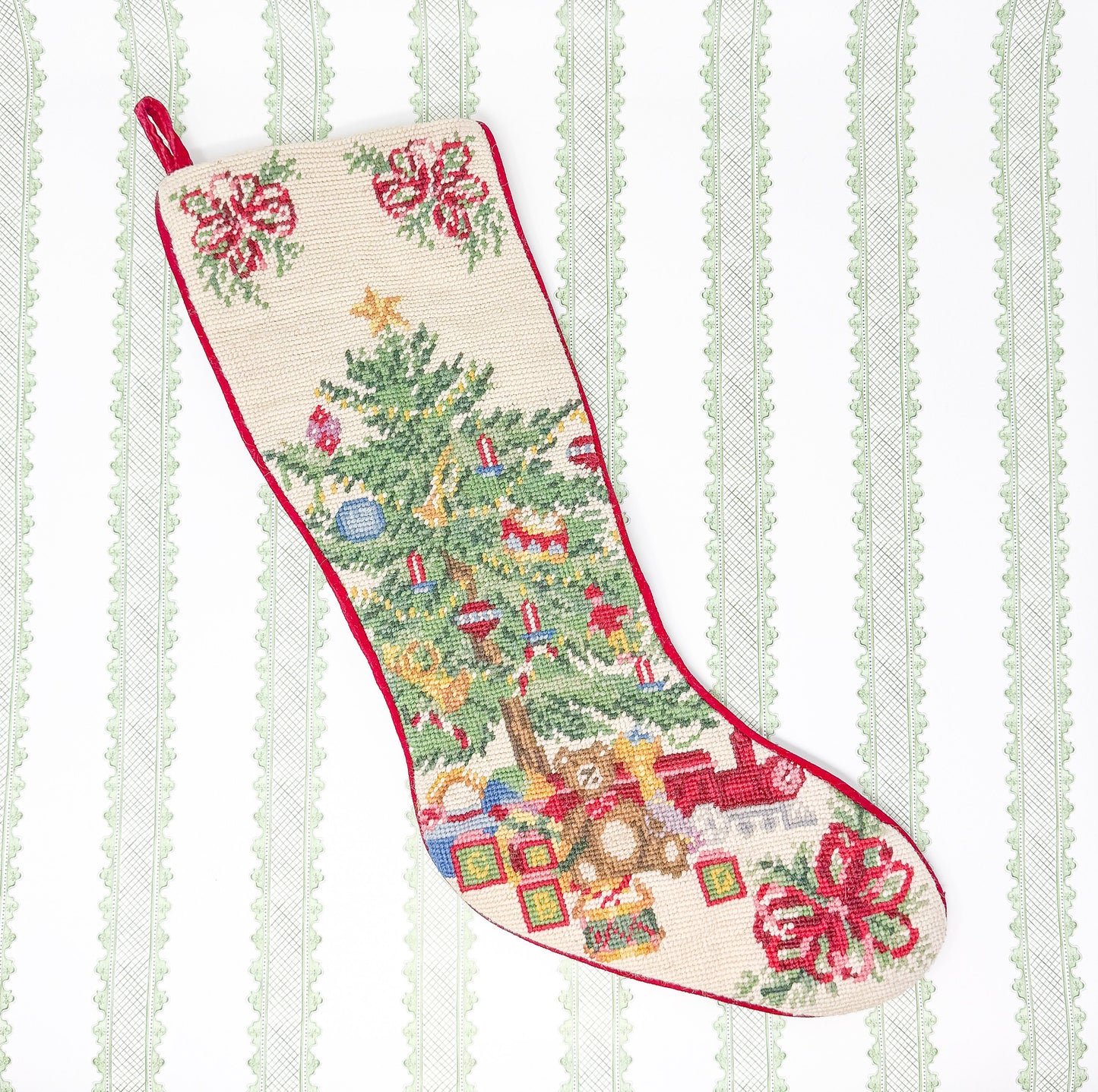 Vintage Handmade Needlepoint Christmas Stocking - Christmas Tree and Toys