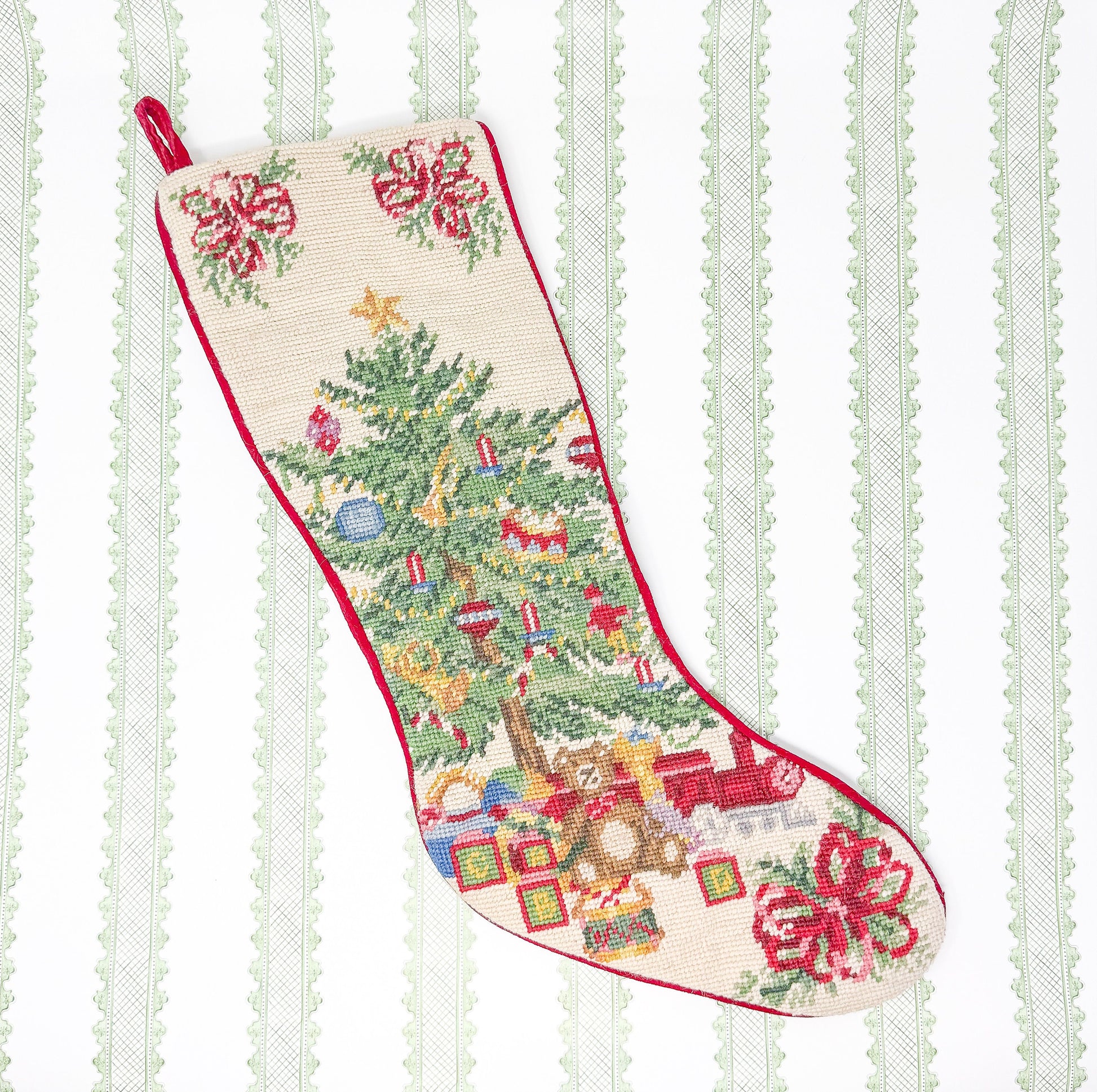 Vintage Handmade Needlepoint Christmas Stocking - Christmas Tree and Toys