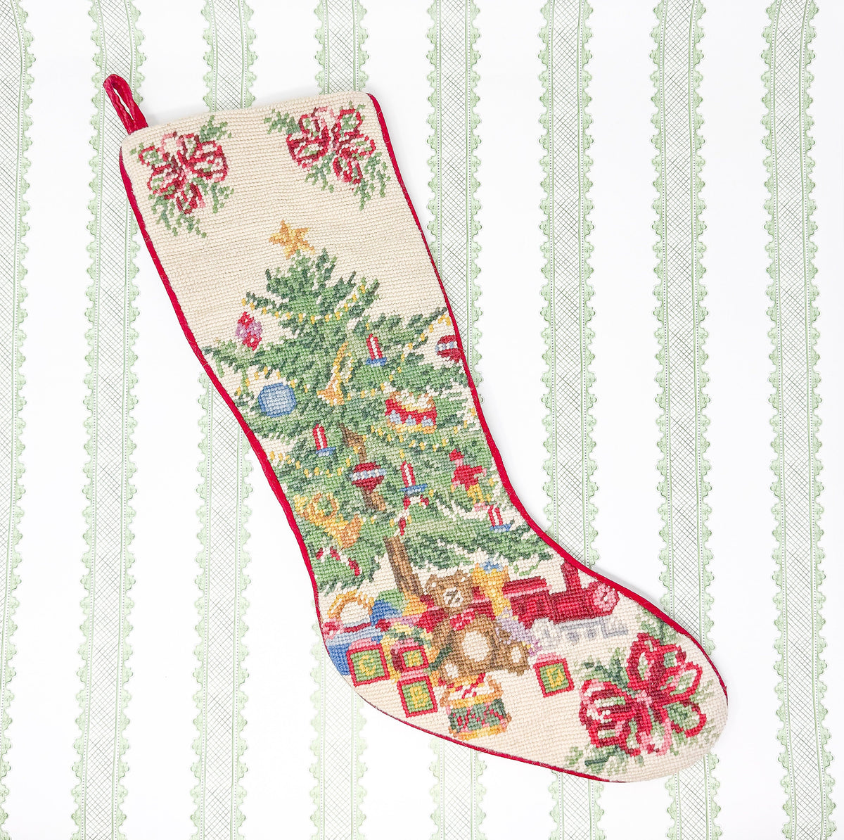 Vintage Needlepoint Christmas Stocking, Christmas Tree and Toys