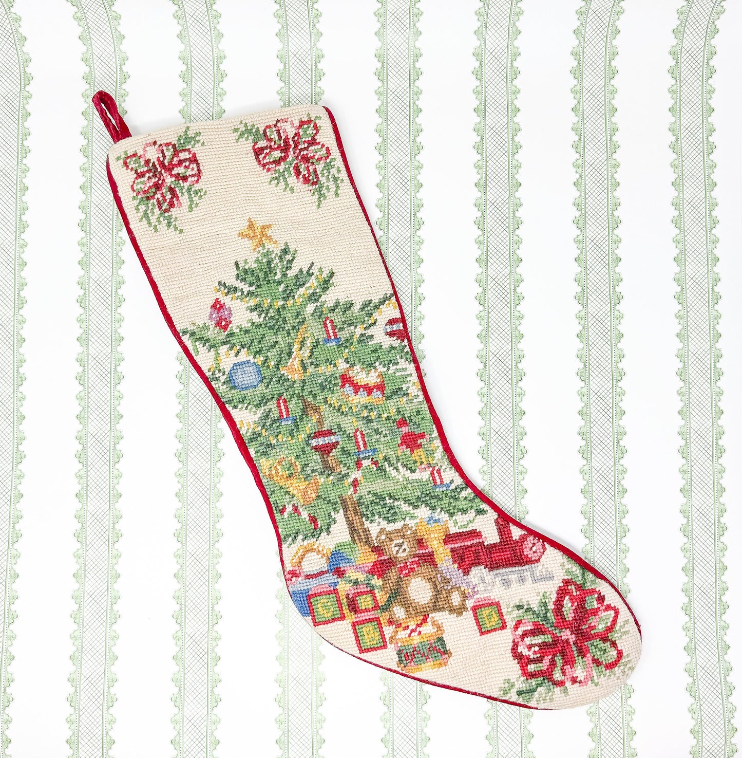 Vintage Handmade Needlepoint Christmas Stocking - Christmas Tree and Toys