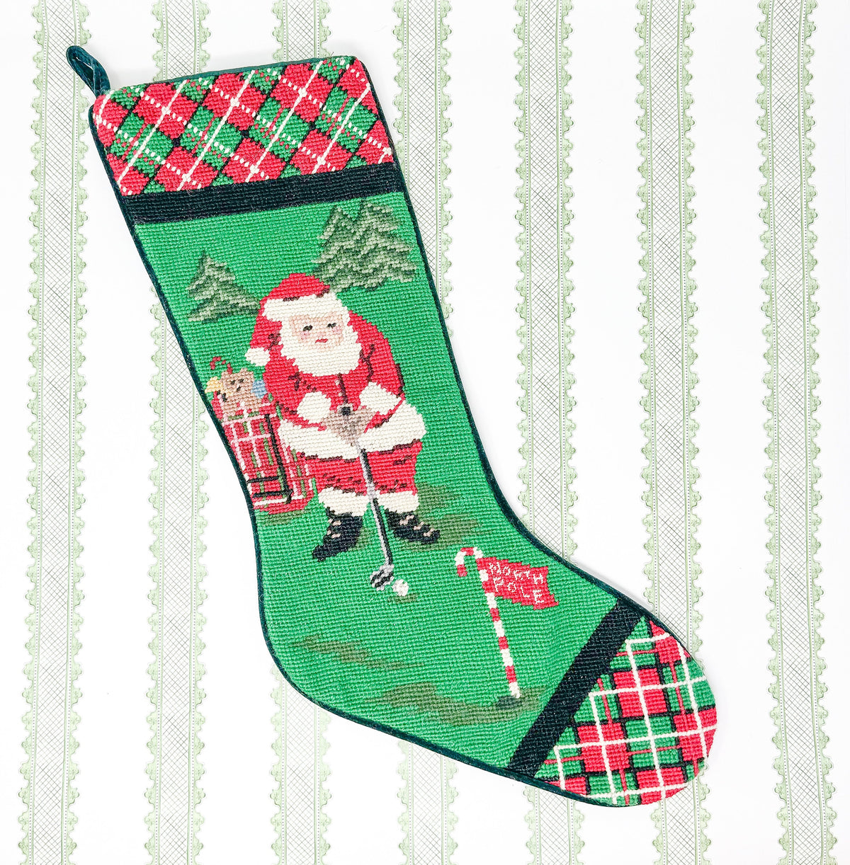 Vintage Needlepoint Santa Golf Christmas Stocking