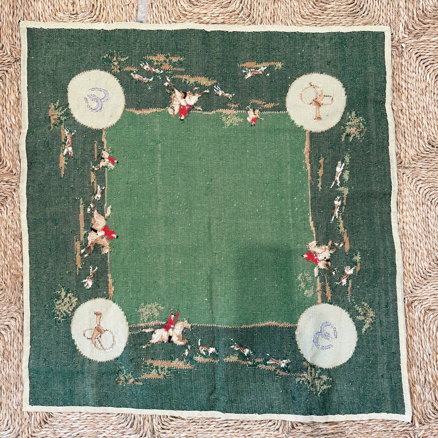 Vintage Fox Hunt Needlepoint Poker Card Table Cover