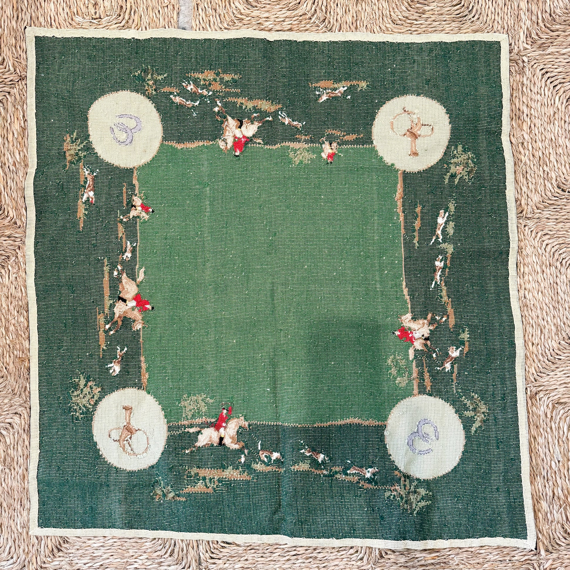 Vintage Fox Hunt Needlepoint Poker Card Table Cover