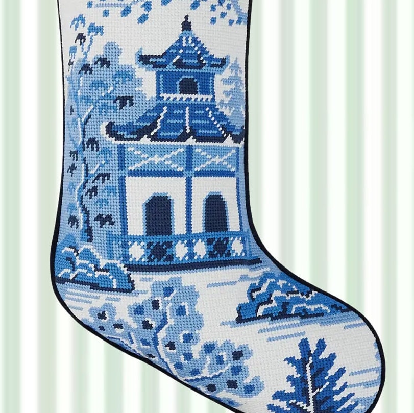 Blue Floral Chinoiserie Needlepoint Stocking