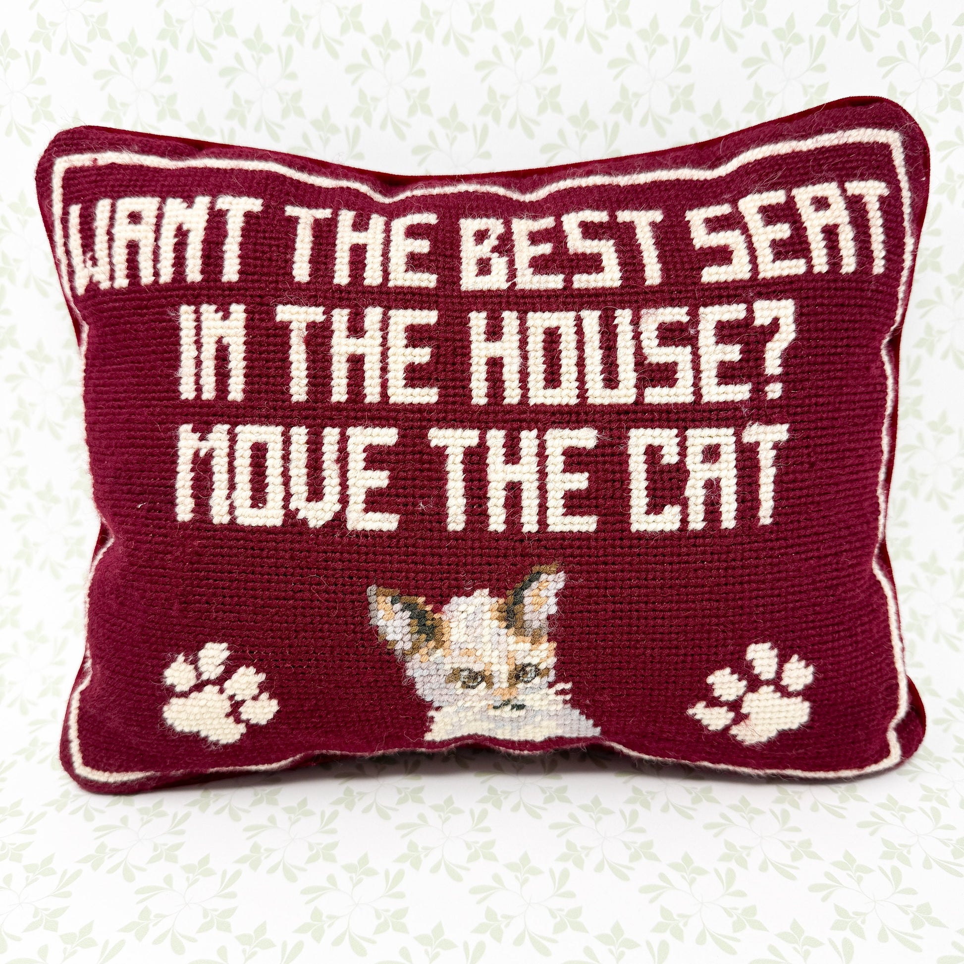 Vintage Needlepoint Pillow, Want The Best Seat In The House? Move The Cat