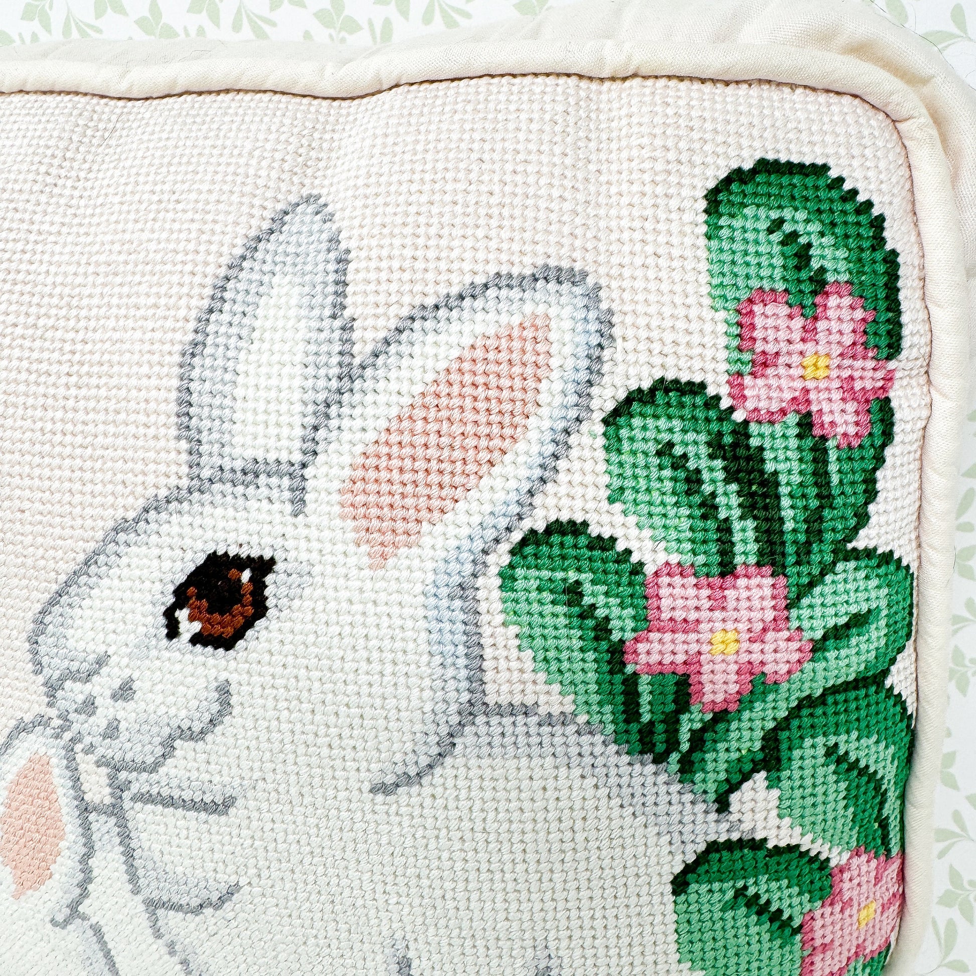 Vintage Handmade White Rabbit Needlepoint Pillow