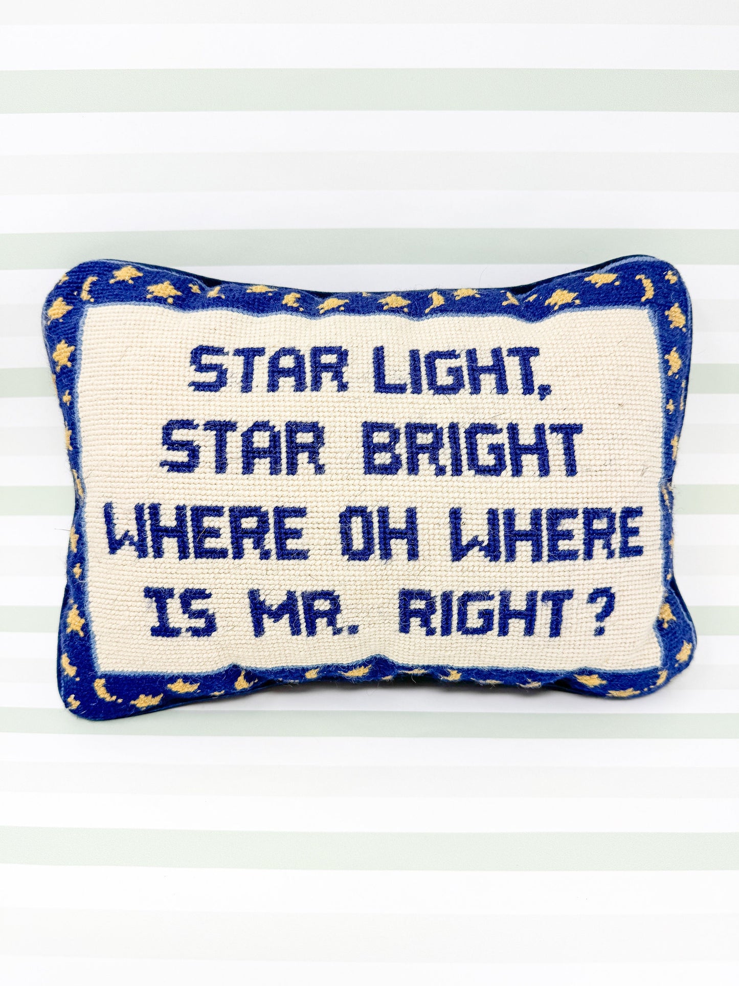 Star Light Star Bright, Where Oh Where Is Mr. Right Cheeky Vintage Needlepoint Pillow