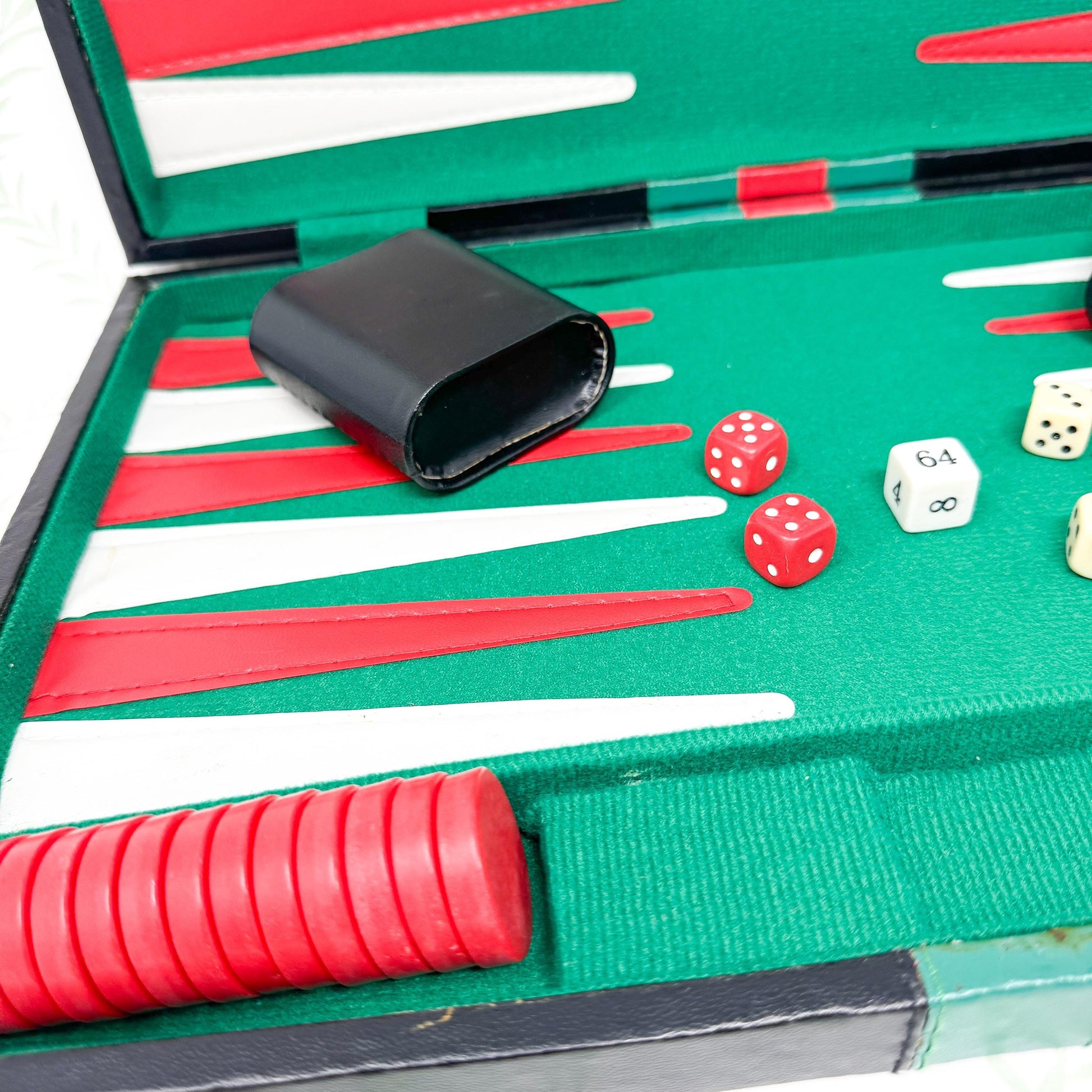 Vintage Backgammon Set, *NIB* Black Leather Case with Red and Green Stripe
