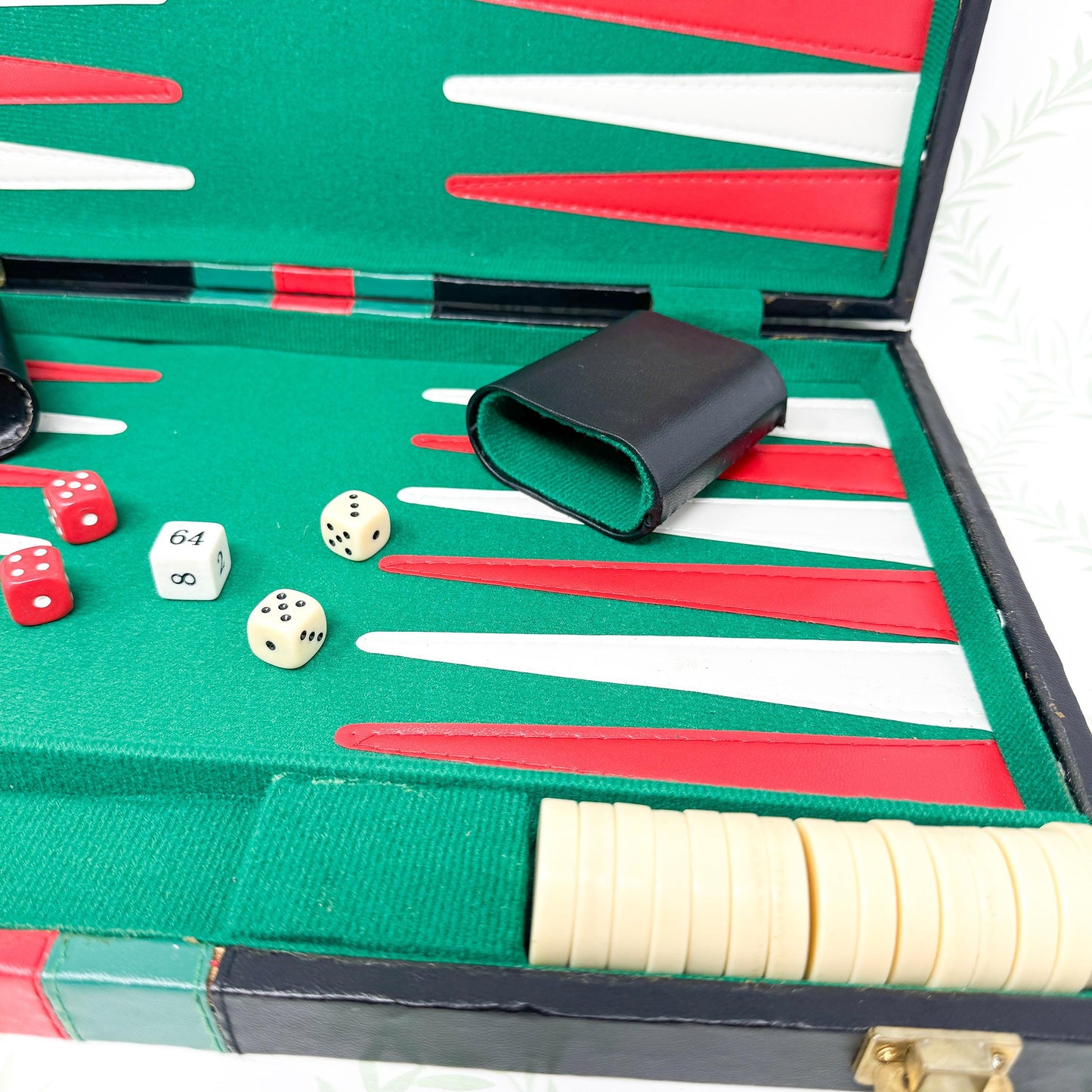 Vintage Backgammon Set, *NIB* Black Leather Case with Red and Green Stripe