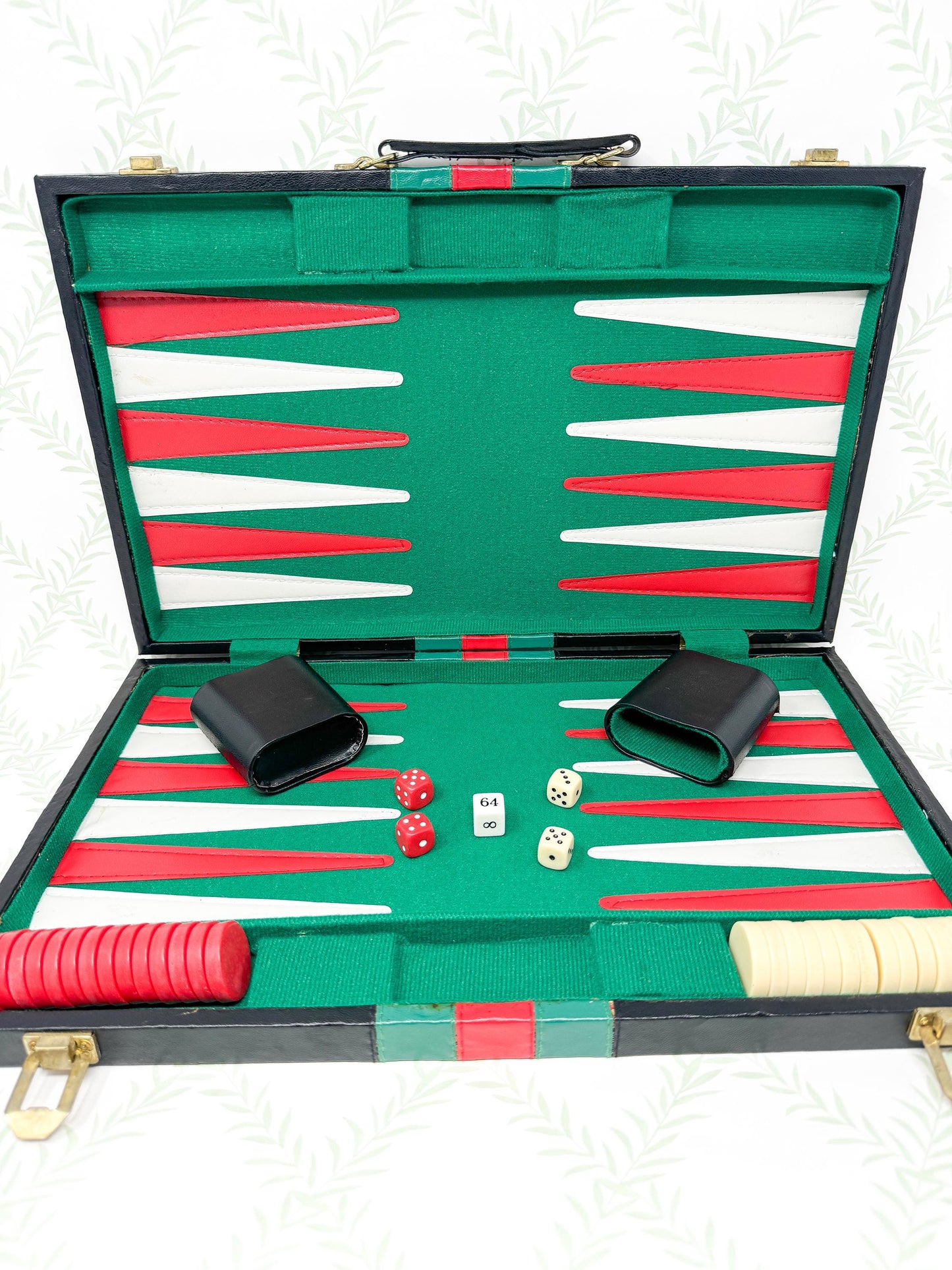 Vintage Backgammon Set, *NIB* Black Leather Case with Red and Green Stripe