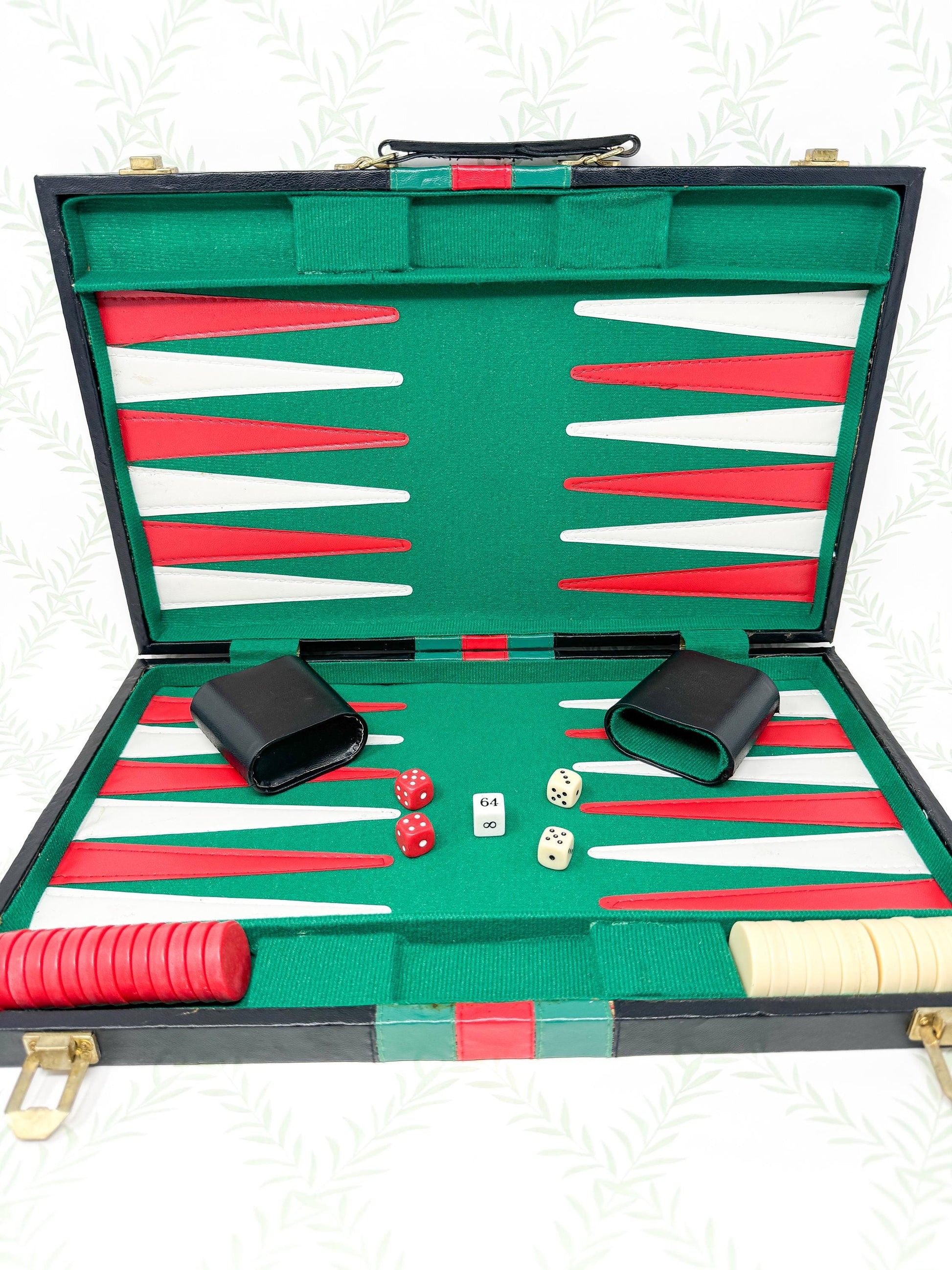 Vintage Backgammon Set, *NIB* Black Leather Case with Red and Green Stripe