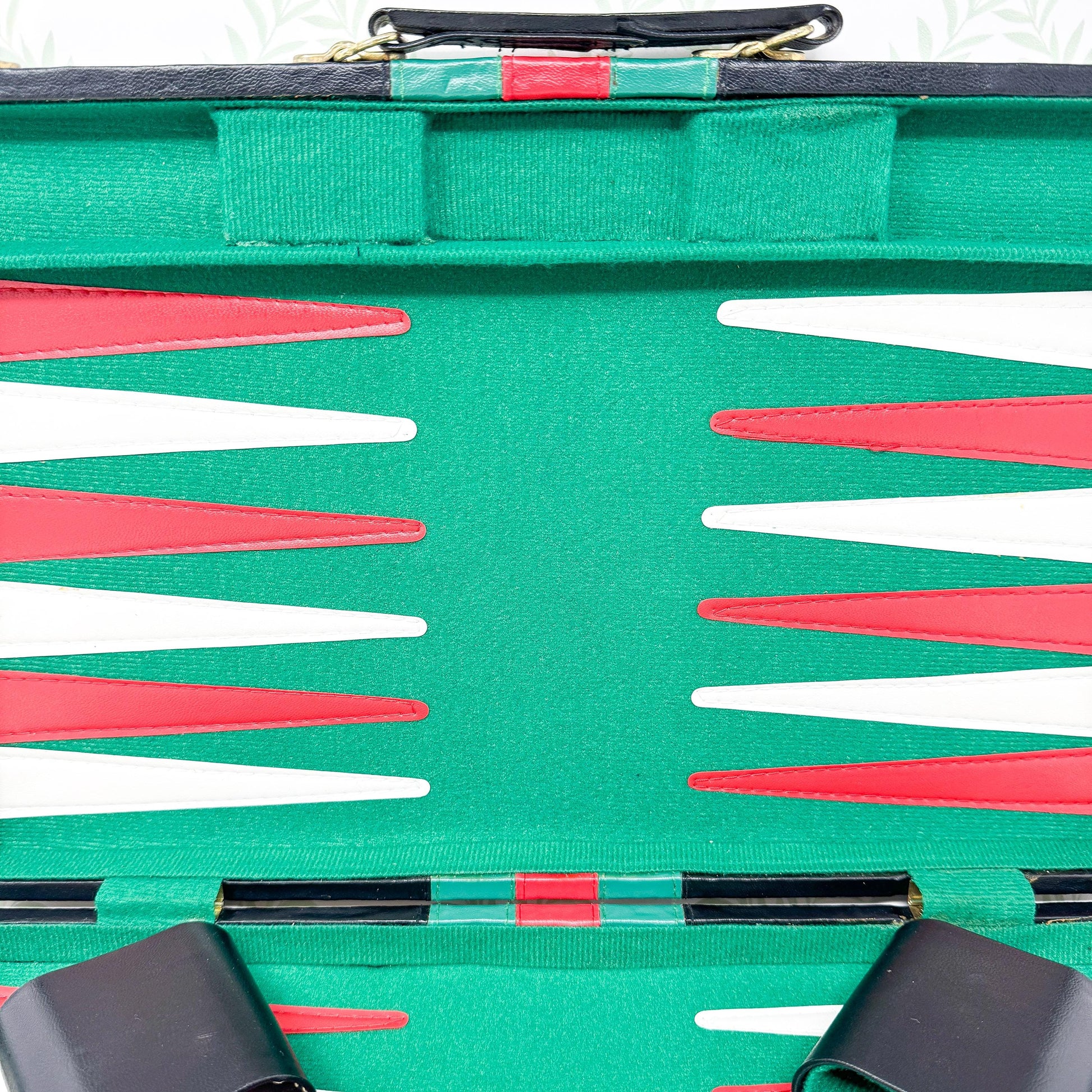 Vintage Backgammon Set, *NIB* Black Leather Case with Red and Green Stripe