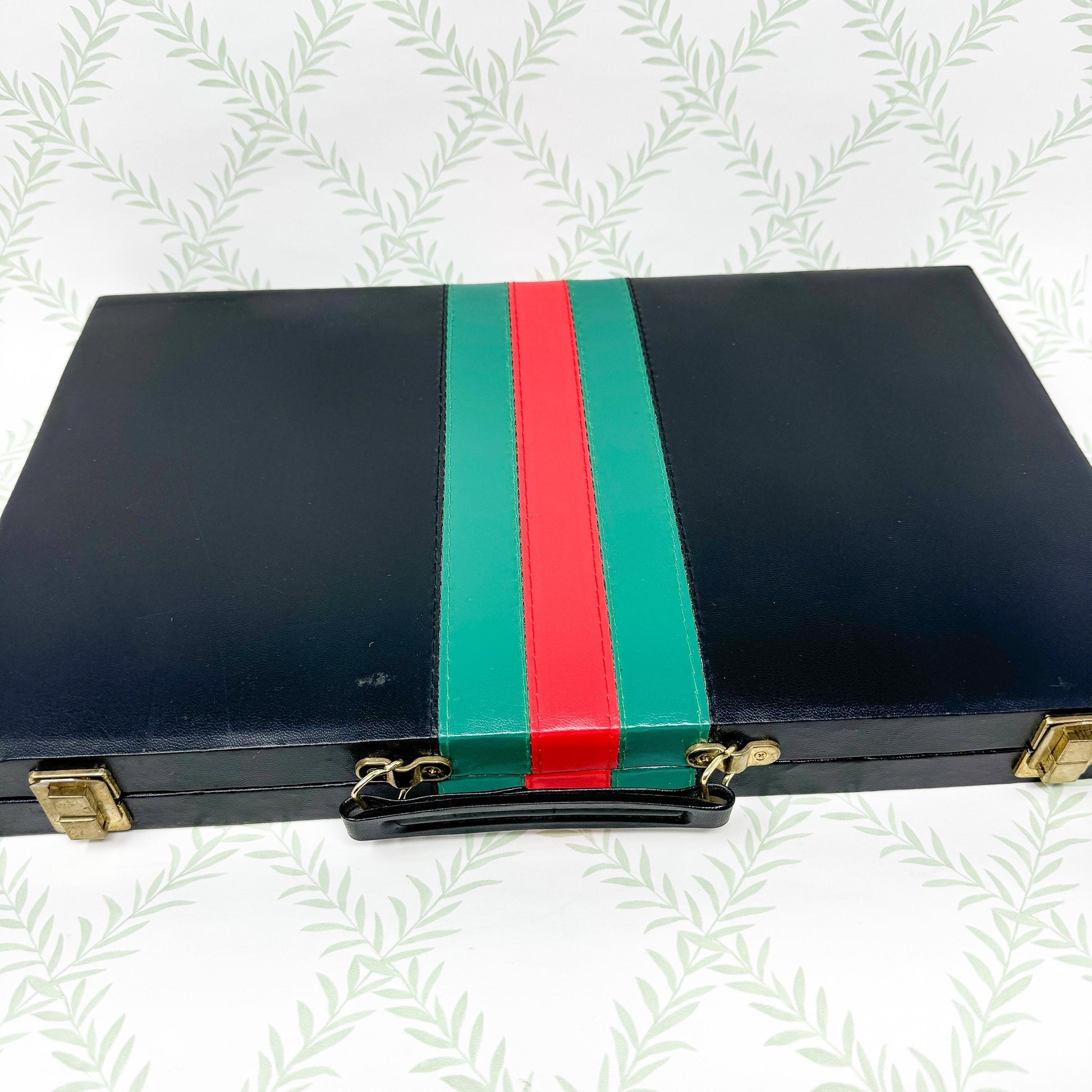 Vintage Backgammon Set, *NIB* Black Leather Case with Red and Green Stripe