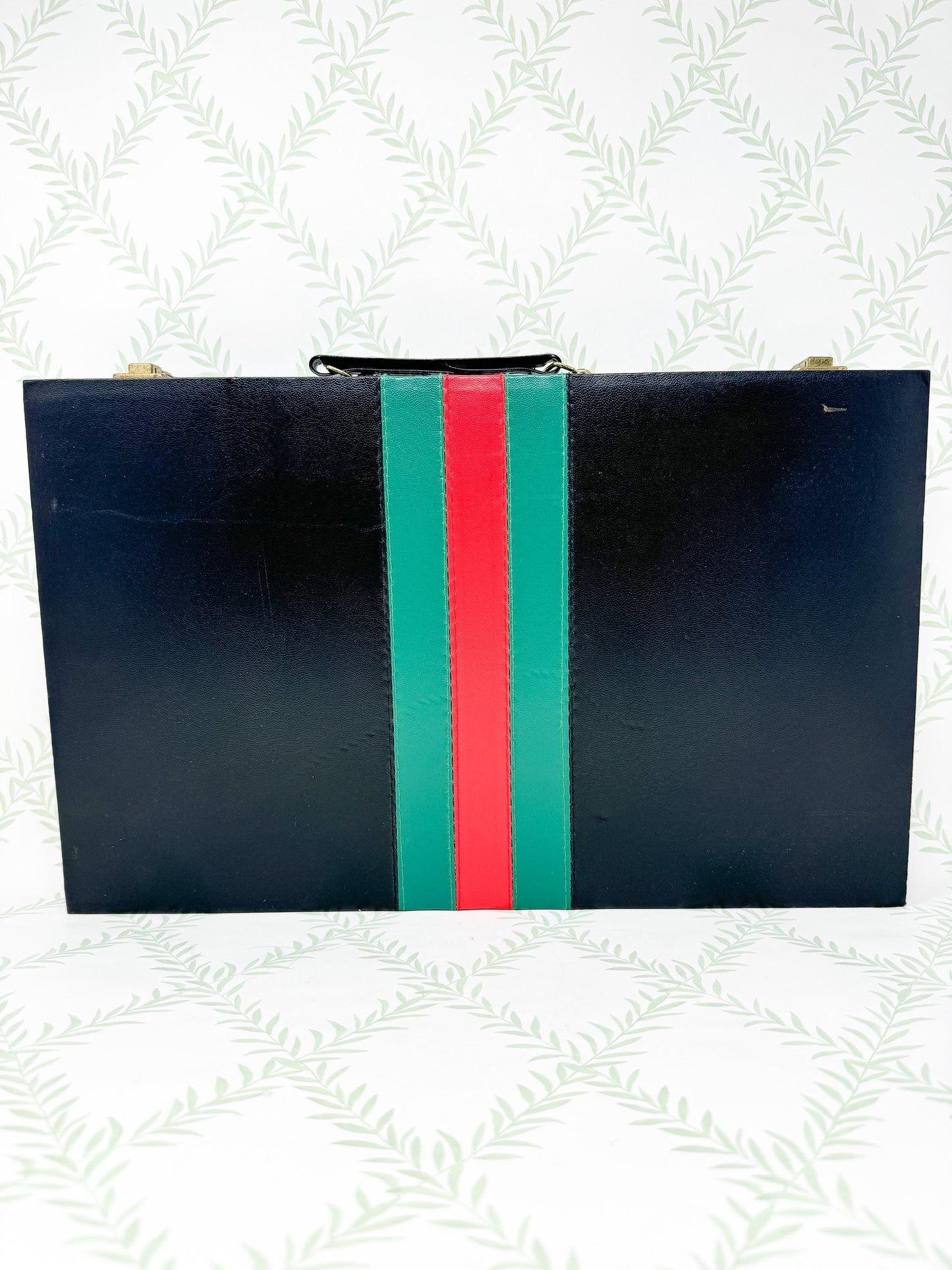 Vintage Backgammon Set, *NIB* Black Leather Case with Red and Green Stripe