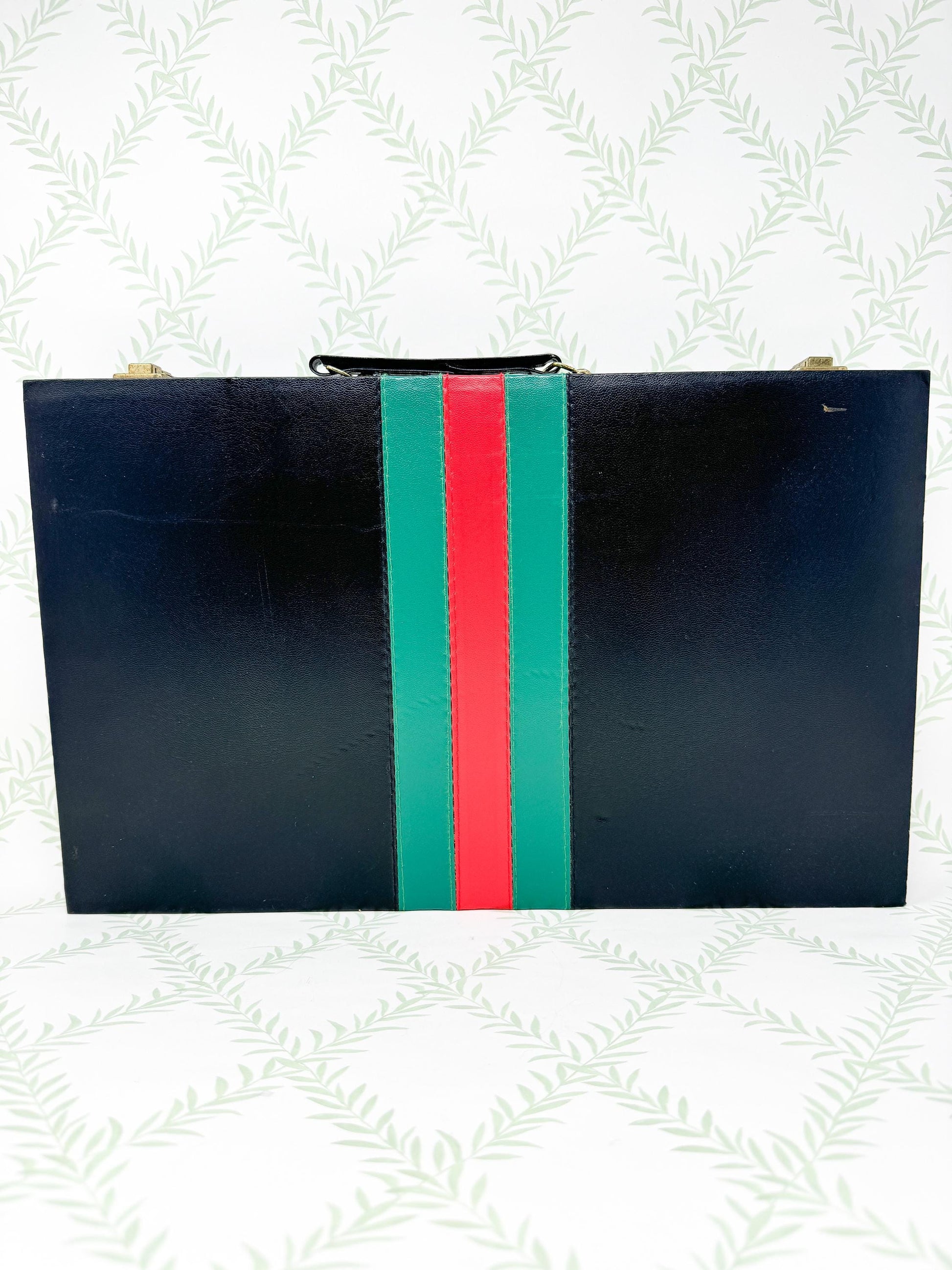 Vintage Backgammon Set, *NIB* Black Leather Case with Red and Green Stripe