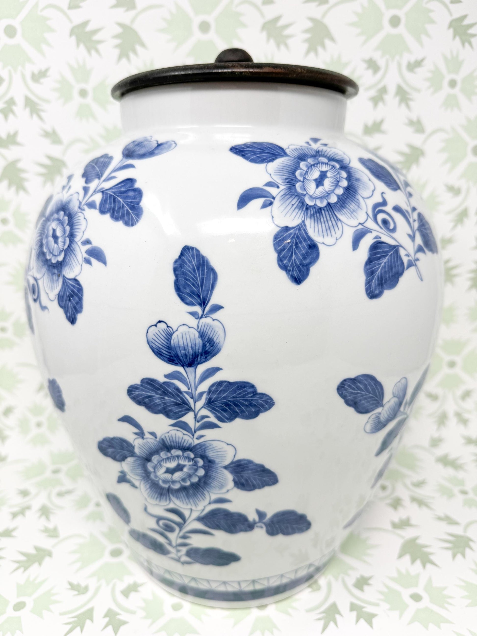 Vintage Maitland Smith Blue and White Florence Jar, 12.5"