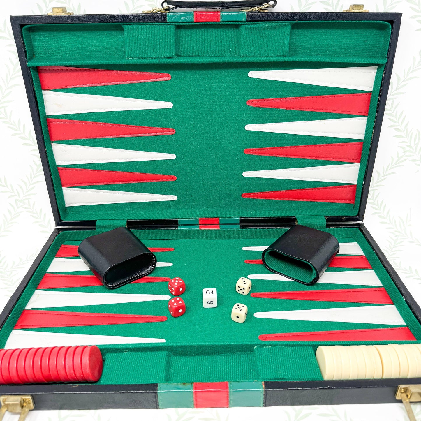 Vintage Backgammon Set, *NIB* Black Leather Case with Red and Green Stripe