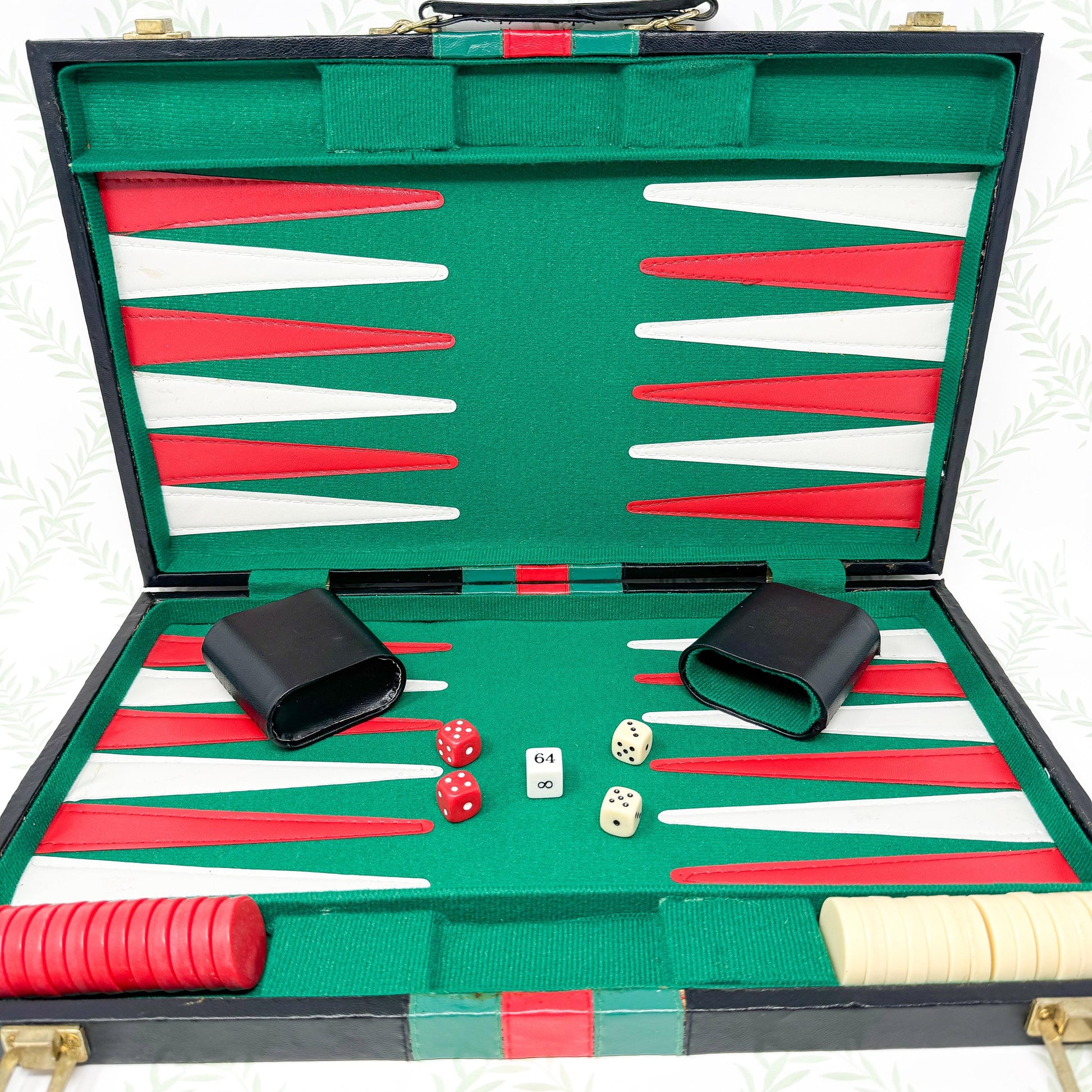 Vintage Backgammon Set, *NIB* Black Leather Case with Red and Green Stripe