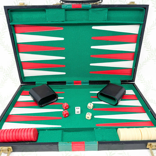 Vintage Backgammon Set, *NIB* Black Leather Case with Red and Green Stripe