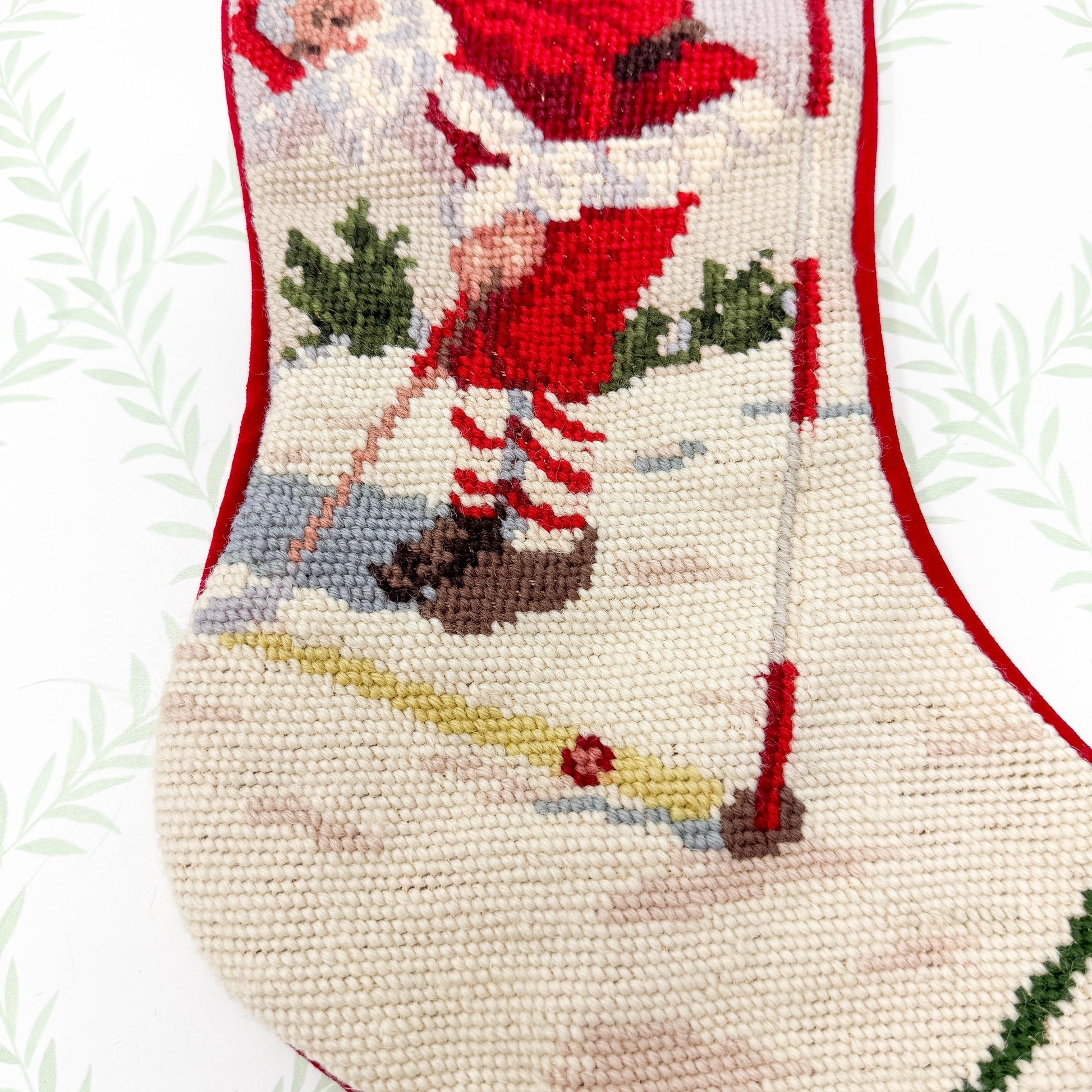 Vintage Needlepoint Christmas Stocking, Santa Golf Putting