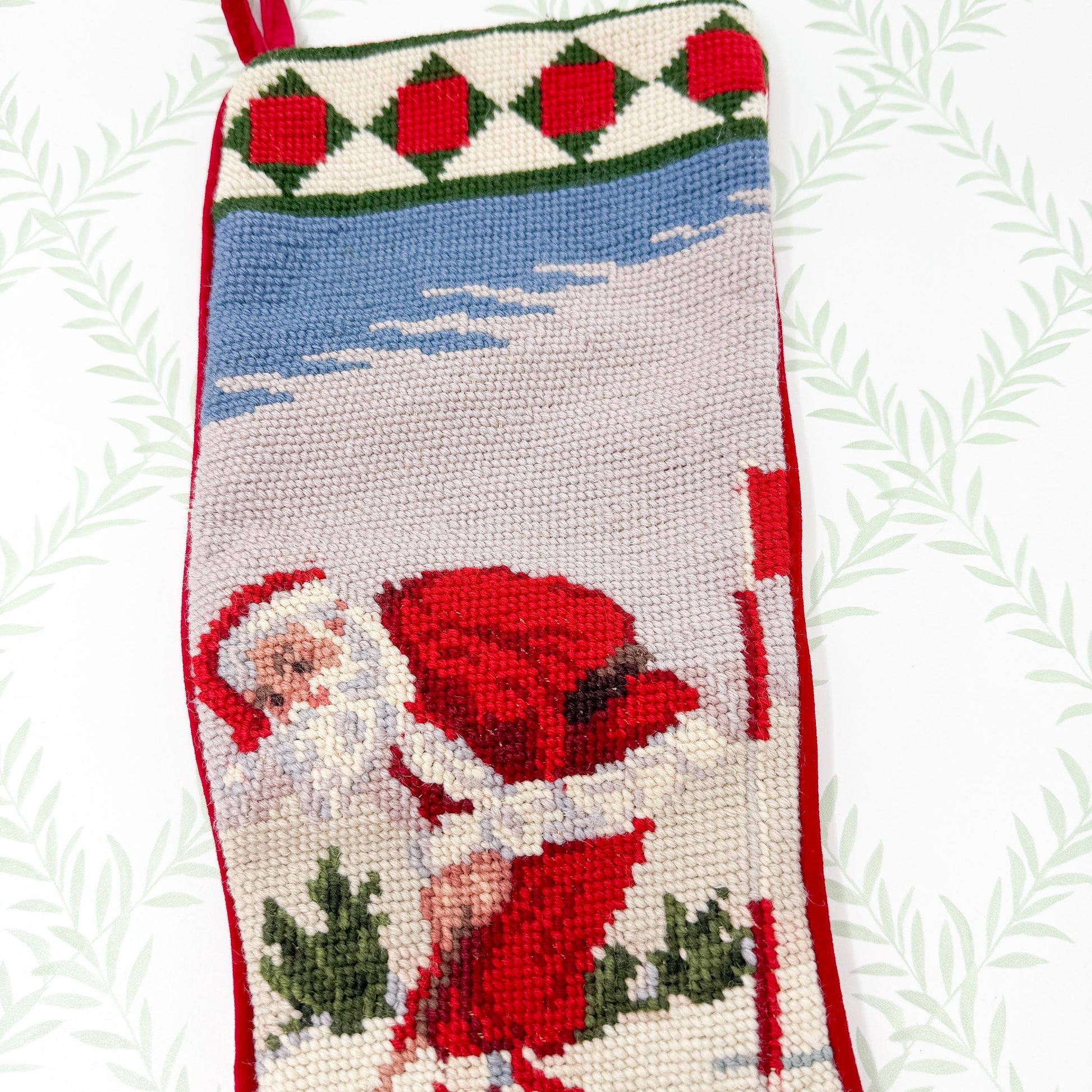 Vintage Needlepoint Christmas Stocking, Santa Golf Putting